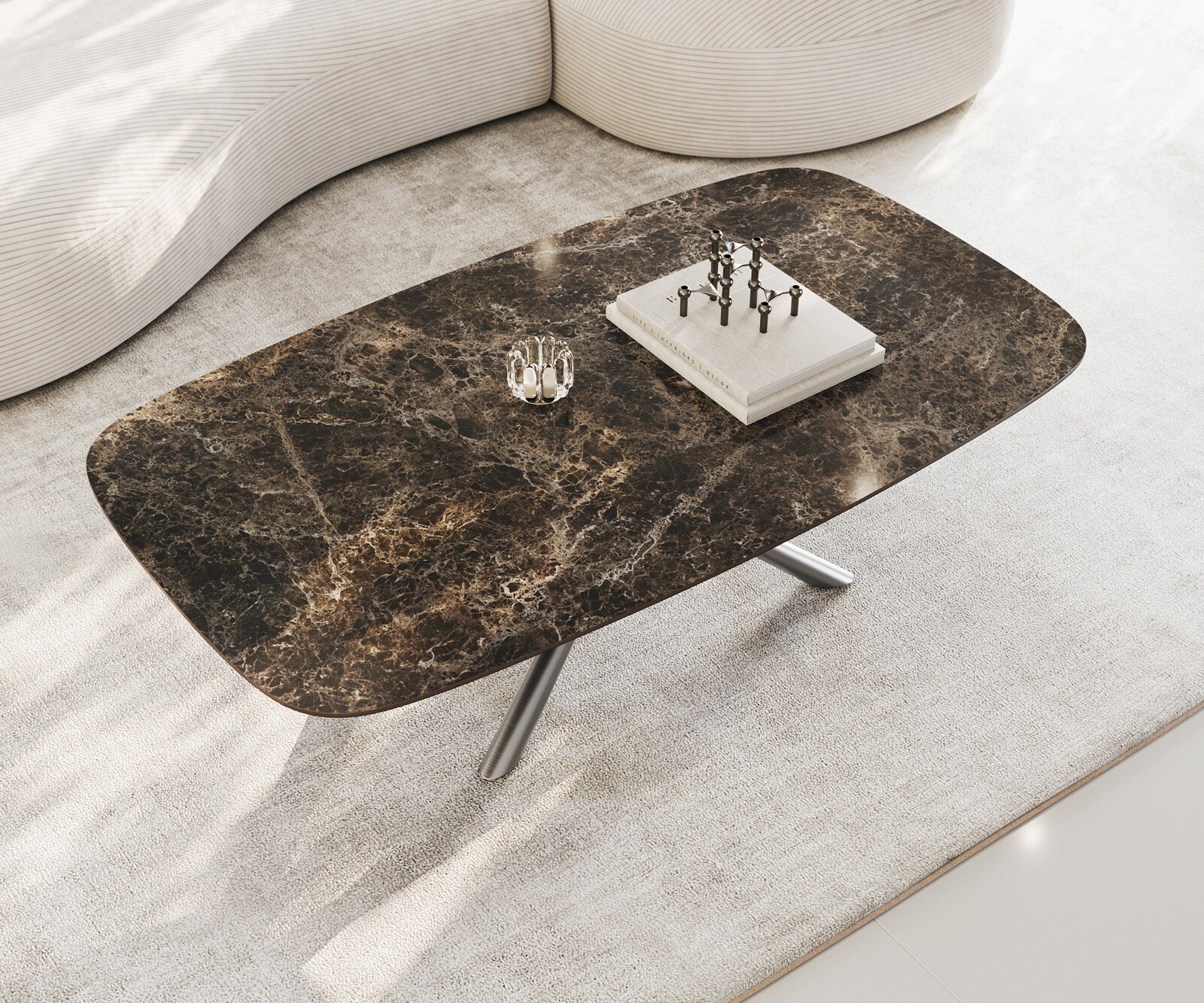 Table basse Edge bateau 140x80 cm céramique Emperador Extra Lucidato brun foncé Sarity acier inoxydable brossé 4