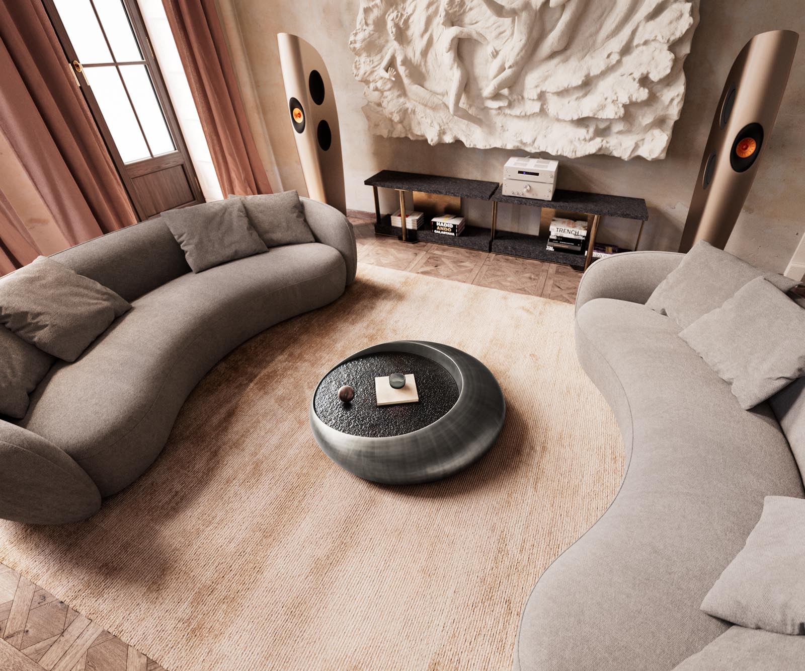 Couchtisch Blaise 100x100 cm Metallic Silber mit Reliefglas Grau 5 Couchtisch Blaise 100x100 cm Metallic Silber mit Reliefglas Grau 5