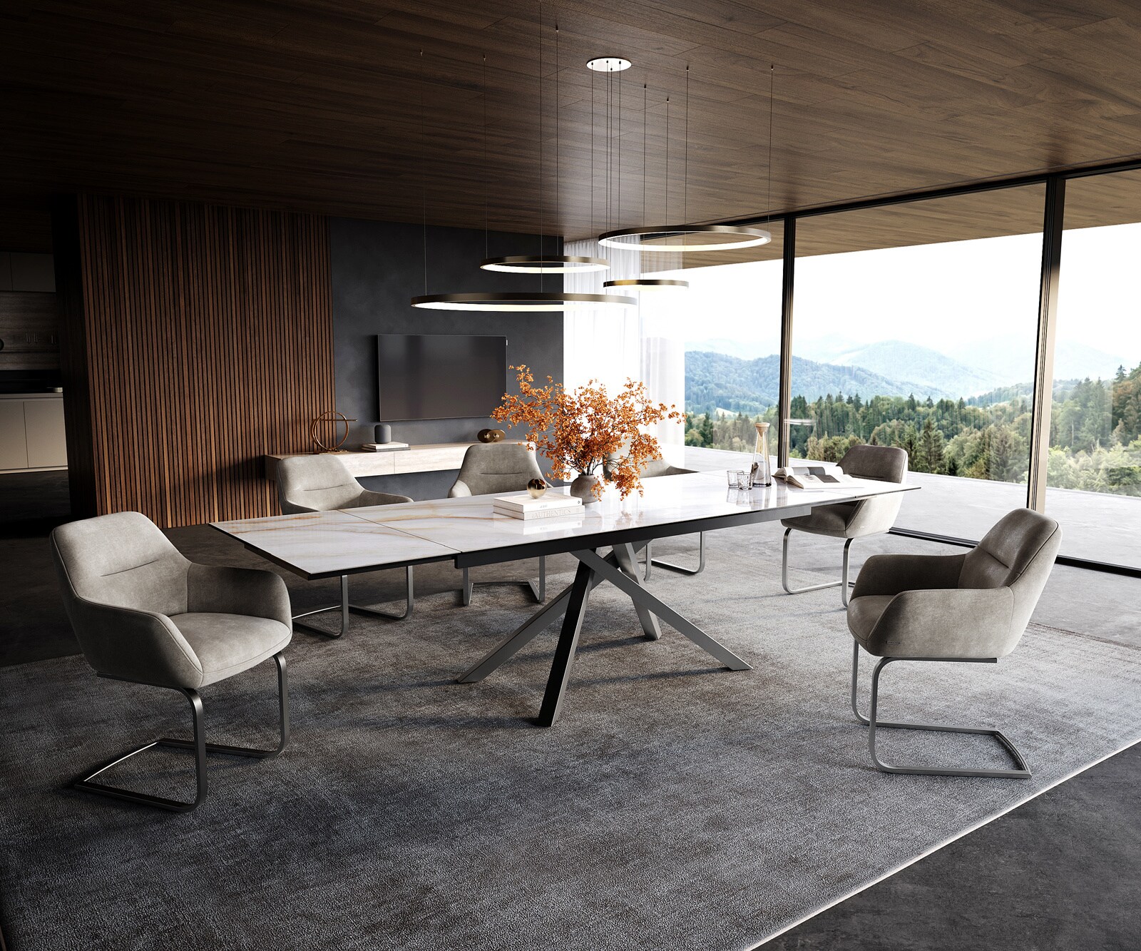 Esstisch Edge 200-300x100 cm Keramik Onyx Pearl Kreuzgestell Rechteck Edelstahl Graphit ausziehbar 5