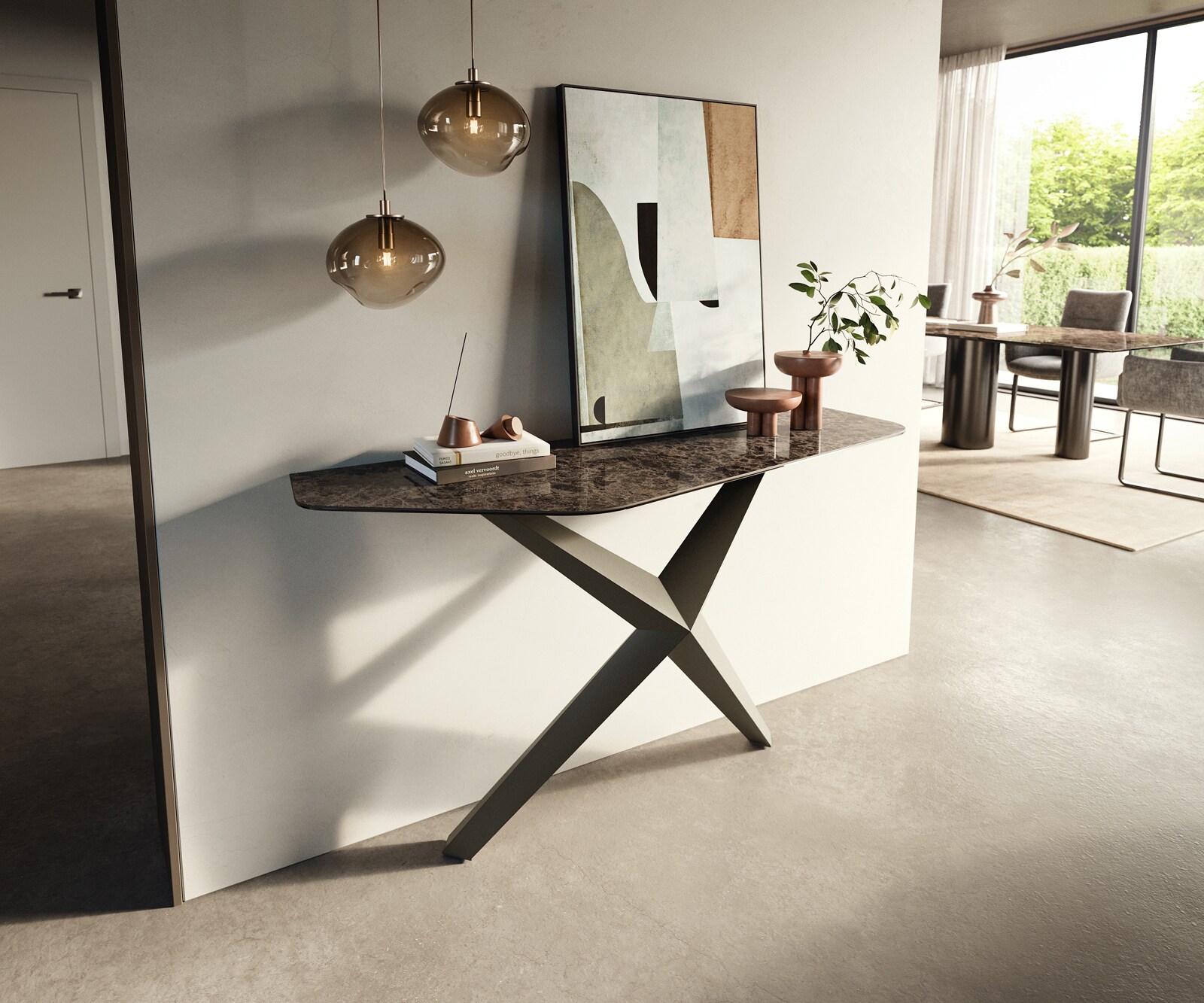 Konsolentisch Edge Polygonal 140x50 cm Keramik Emperador Extra Lucidato Dunkelbraun Zentharo Metall Effektfinish Titan 4