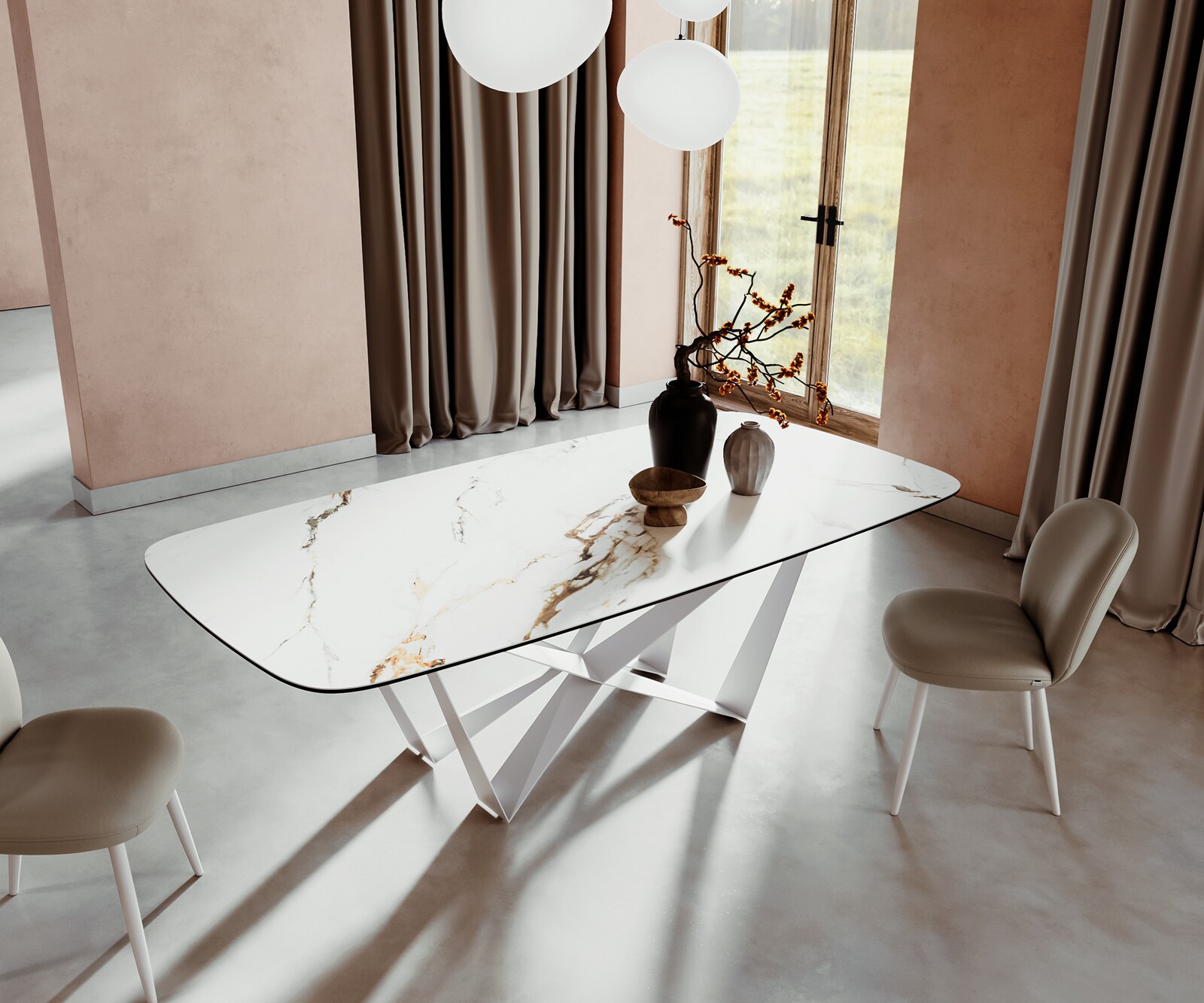 Esstisch Edge Boot 240x120 cm Keramik Calacatta Luxe Weiß-Gold-Grau Spider Metall Weiß 1