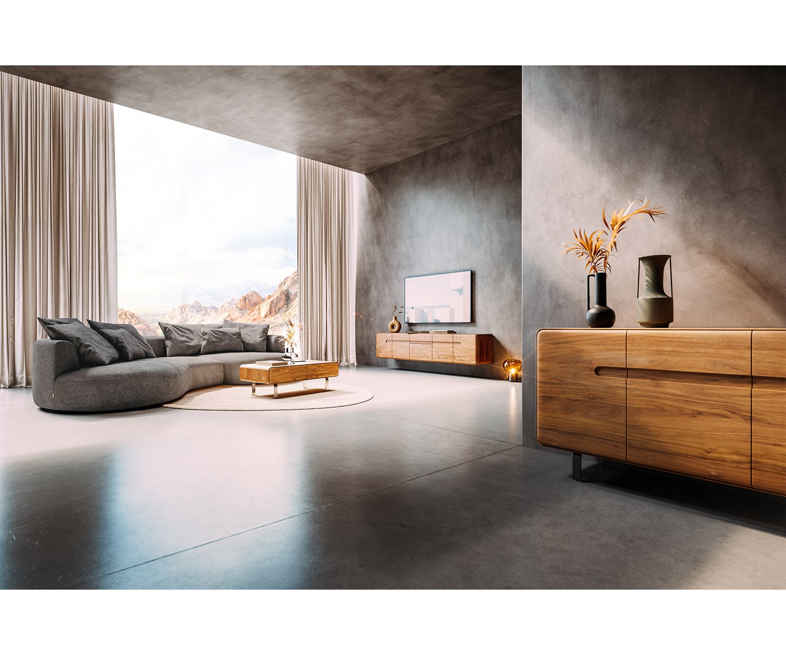 Sideboard Anaya 145 cm Akazie Natur 3 Türen L-Fuß Edelstahl 8