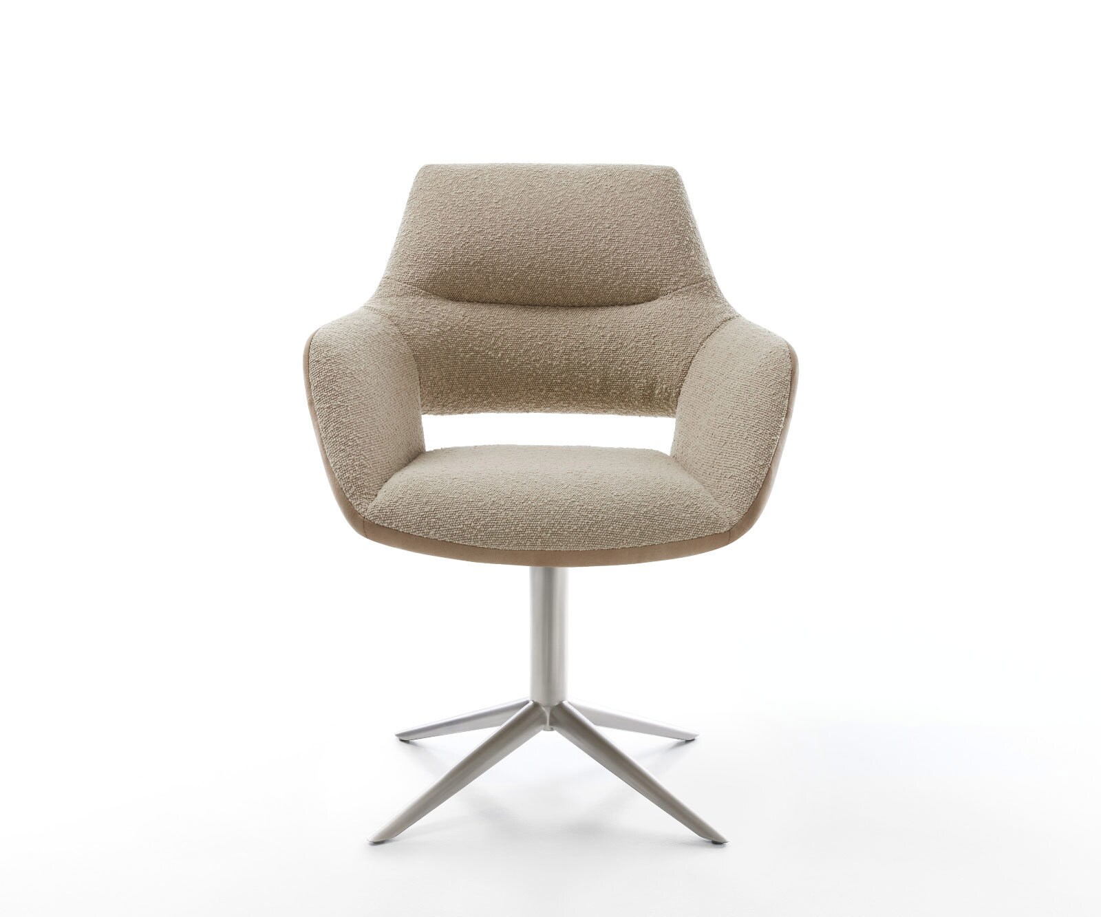 Chaise-pivotante Yago-Flex avec accoudoirs tissu mixte couleur boue pied de chaise 4 branches acier inoxydable brossé pivotement sur 360° fonction bascule ressorts ensachés 1