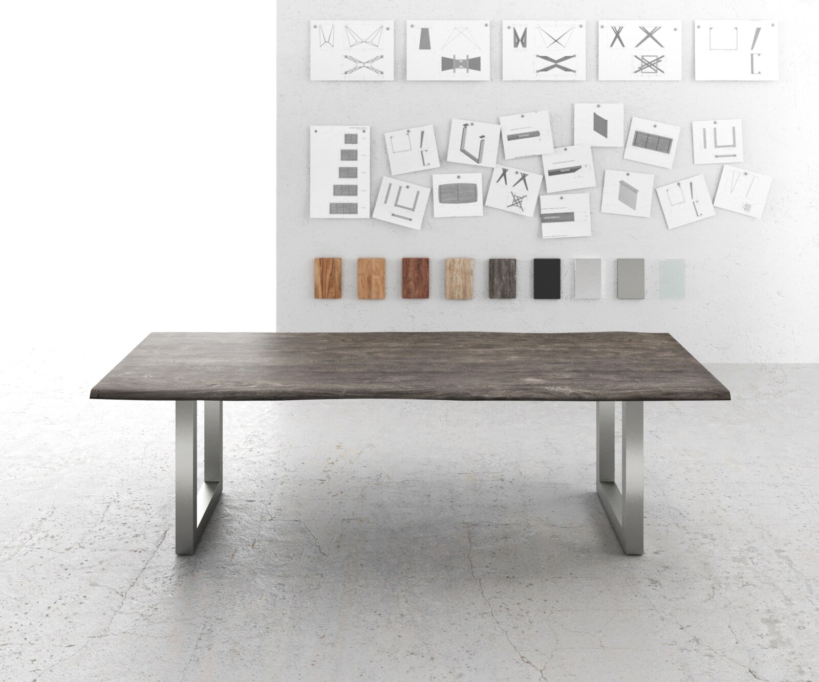 Esstisch Edge 260x100 Akazie Platin Edelstahl Breit Live-Edge 1 Esstisch Edge 260x100 Akazie Platin Edelstahl Breit Live-Edge 1