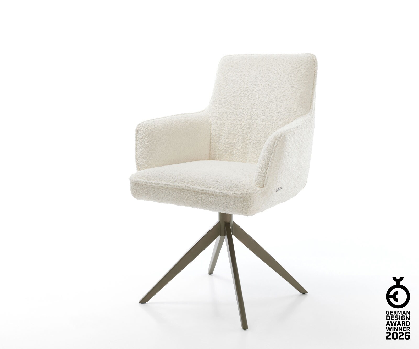 Chaise-pivotante Heira-Flex bouclé blanc pied croisé large aspect titane pivotement sur 360° fonction bascule ressorts ensachés