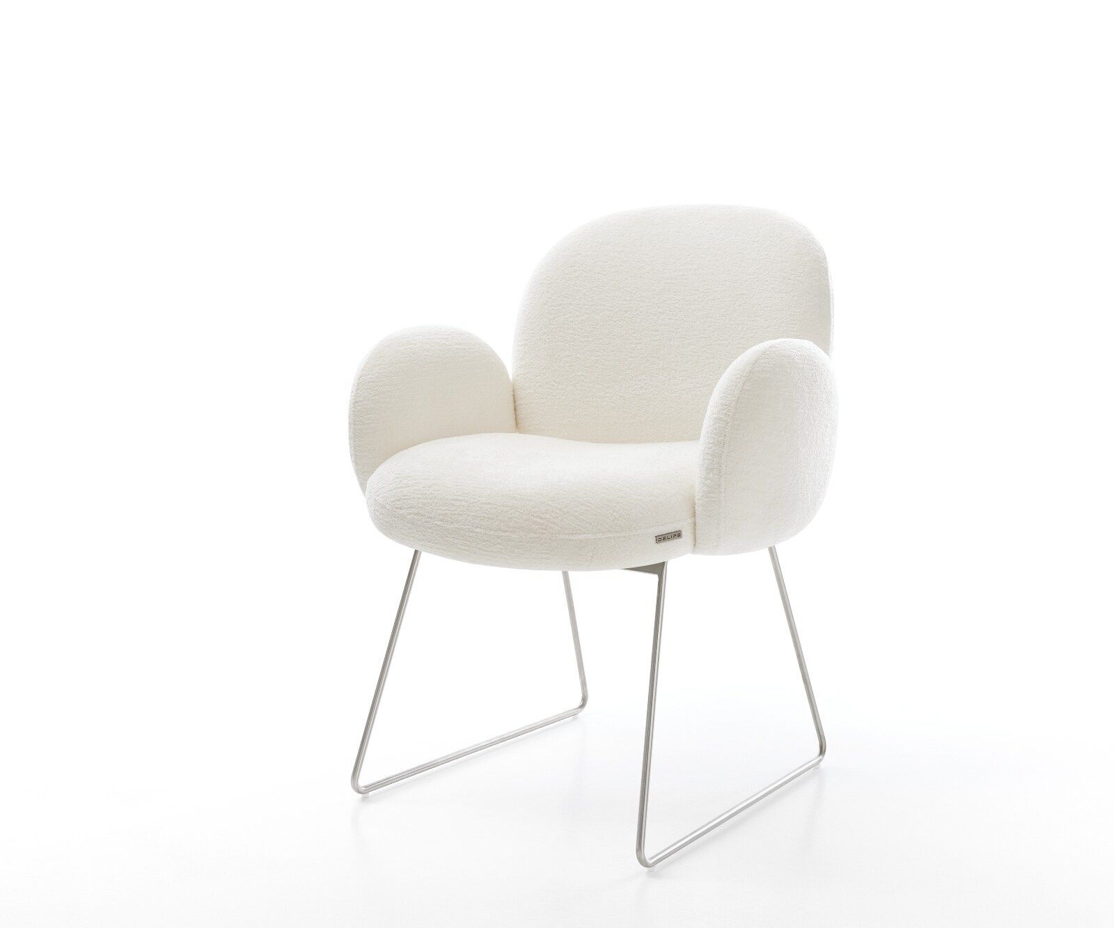 Esszimmerstuhl Nube-Flex mit Armlehnen Bouclé Soft Beige Kufengestell Edelstahl Taschenfederkern 1