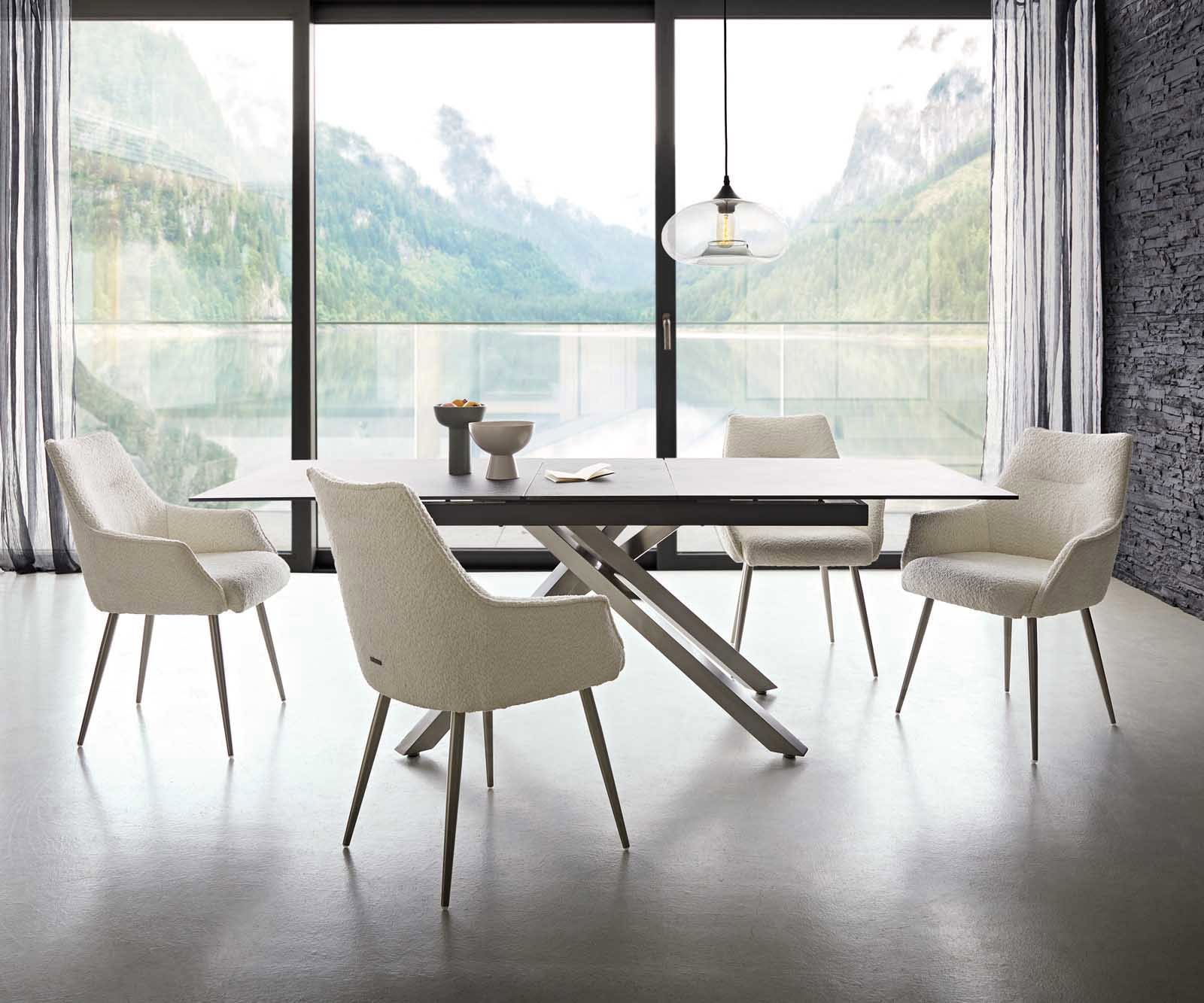 Esszimmerstuhl Alja-Flex mit Armlehnen Bouclé Weiß 4-Fuß konisch Edelstahl Taschenfederkern 3 Esszimmerstuhl Alja-Flex mit Armlehnen Bouclé Weiß 4-Fuß konisch Edelstahl Taschenfederkern 3