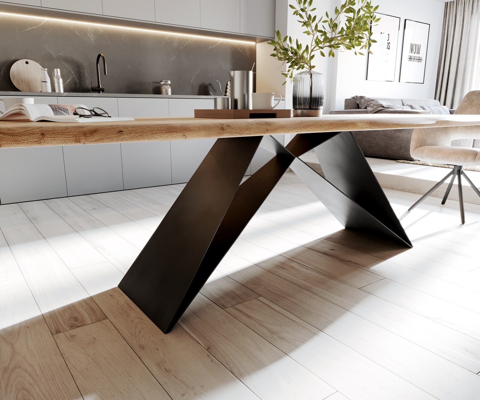 Esstisch Edge 260x100 Akazie Natur V-Gestell Flachstahl Schwarz Live-Edge 6