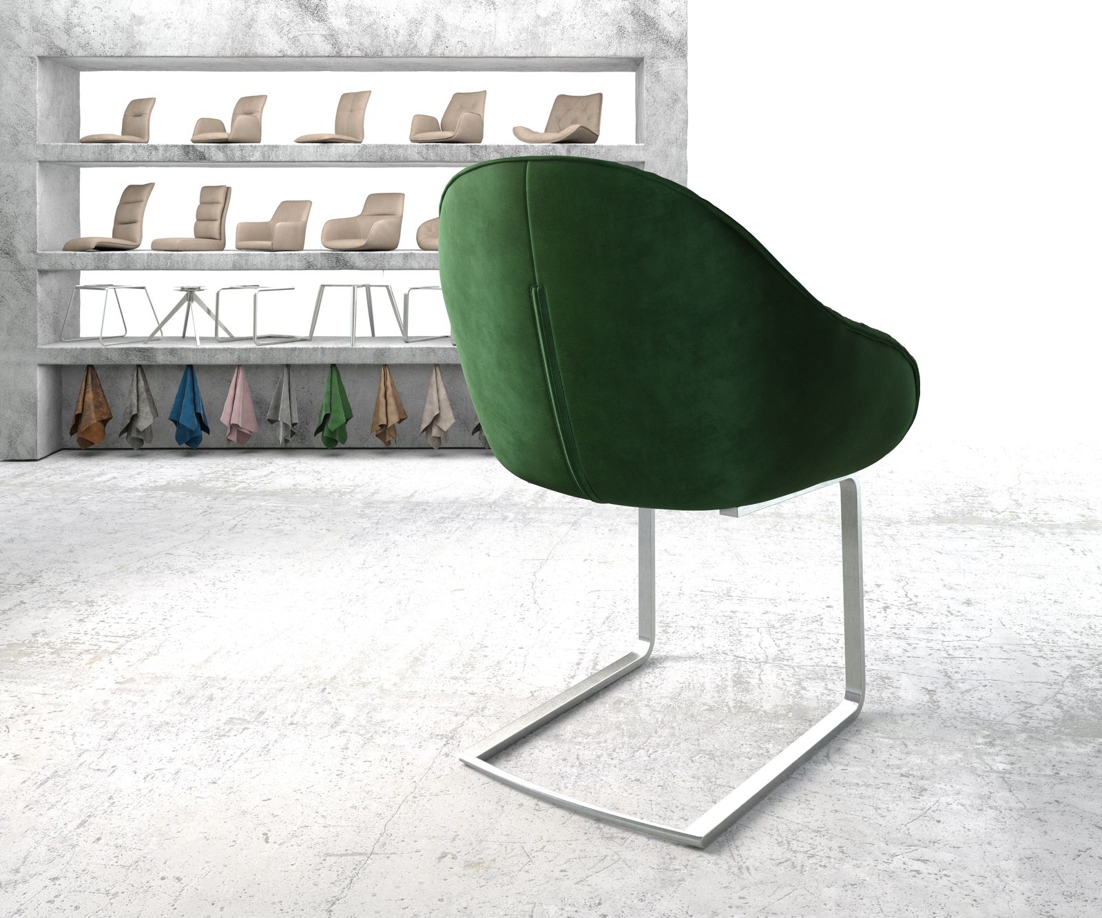 Schwingstuhl Gaio-Flex Samt Grün Freischwinger flach Edelstahl 2