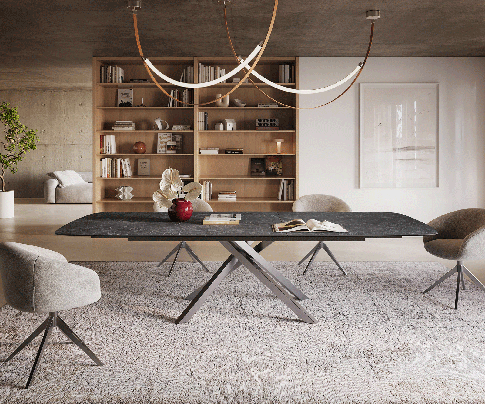 Esstisch Edge Boot 240-300x120 cm Keramik Laminam® Nero Greco Anthrazit Kreuzgestell Rechteck Edelstahl ausziehbar 1