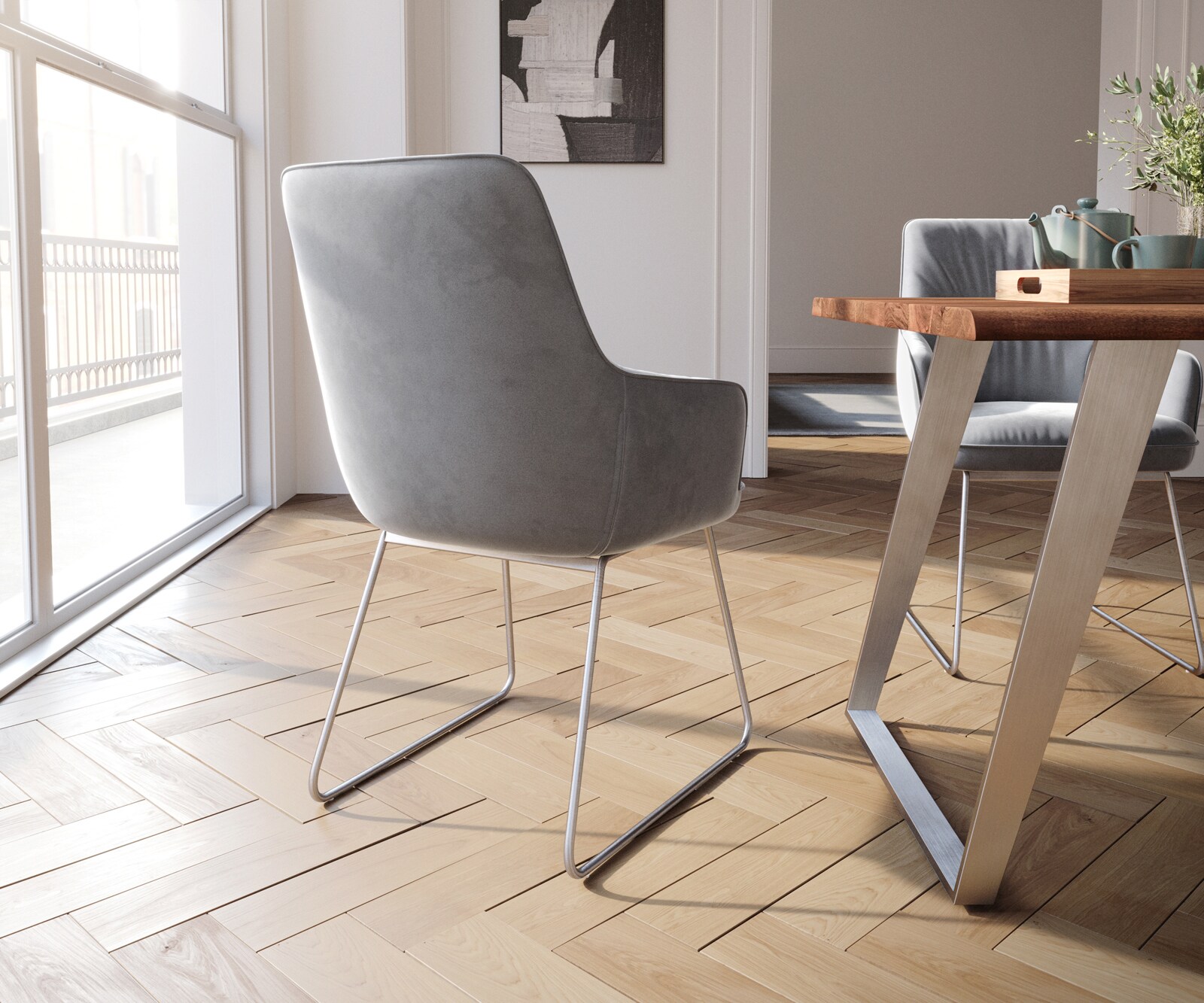 Chaise-de-salle-à-manger Zelia-Flex avec accoudoirs velours gris pied trapèze acier inoxydable brossé ressorts ensachés 4
