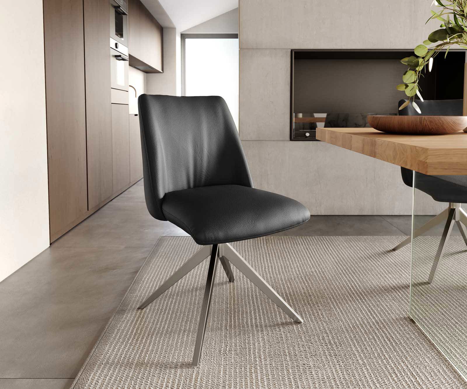 Chaise-pivotante Elso-Flex cuir de vache noir pied croisé large acier inoxydable ressorts ensachés pivote sur 360°