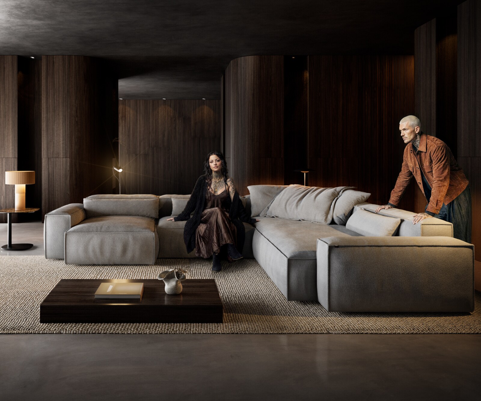 Canapé panoramique Freestyle 360x290 cm Tissu structuré doux Gris couture passepoilée 1