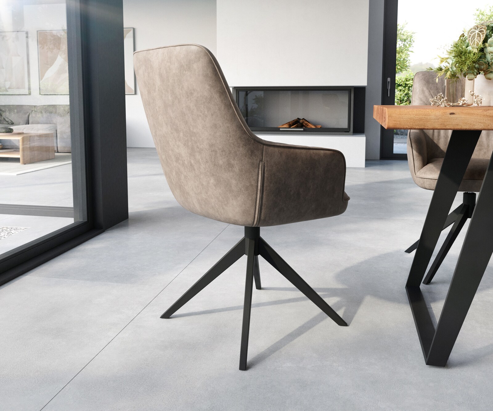 Chaise-de-salle-à-manger Zelia-Flex avec accoudoirs microvelours taupe vintage pied croisé large noir ressorts ensachés 5