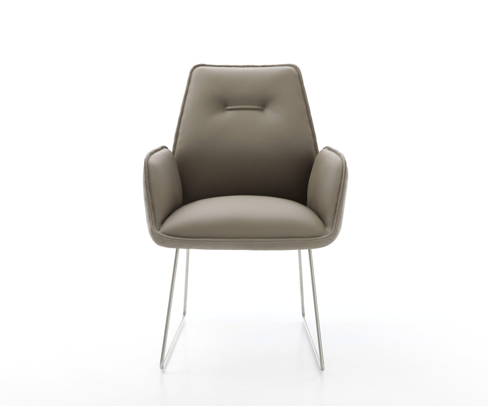 Chaise-de-salle-à-manger Zoa-Flex cuir de vache couleur boue pied trapèze acier inoxydable brossé ressorts ensachés 1