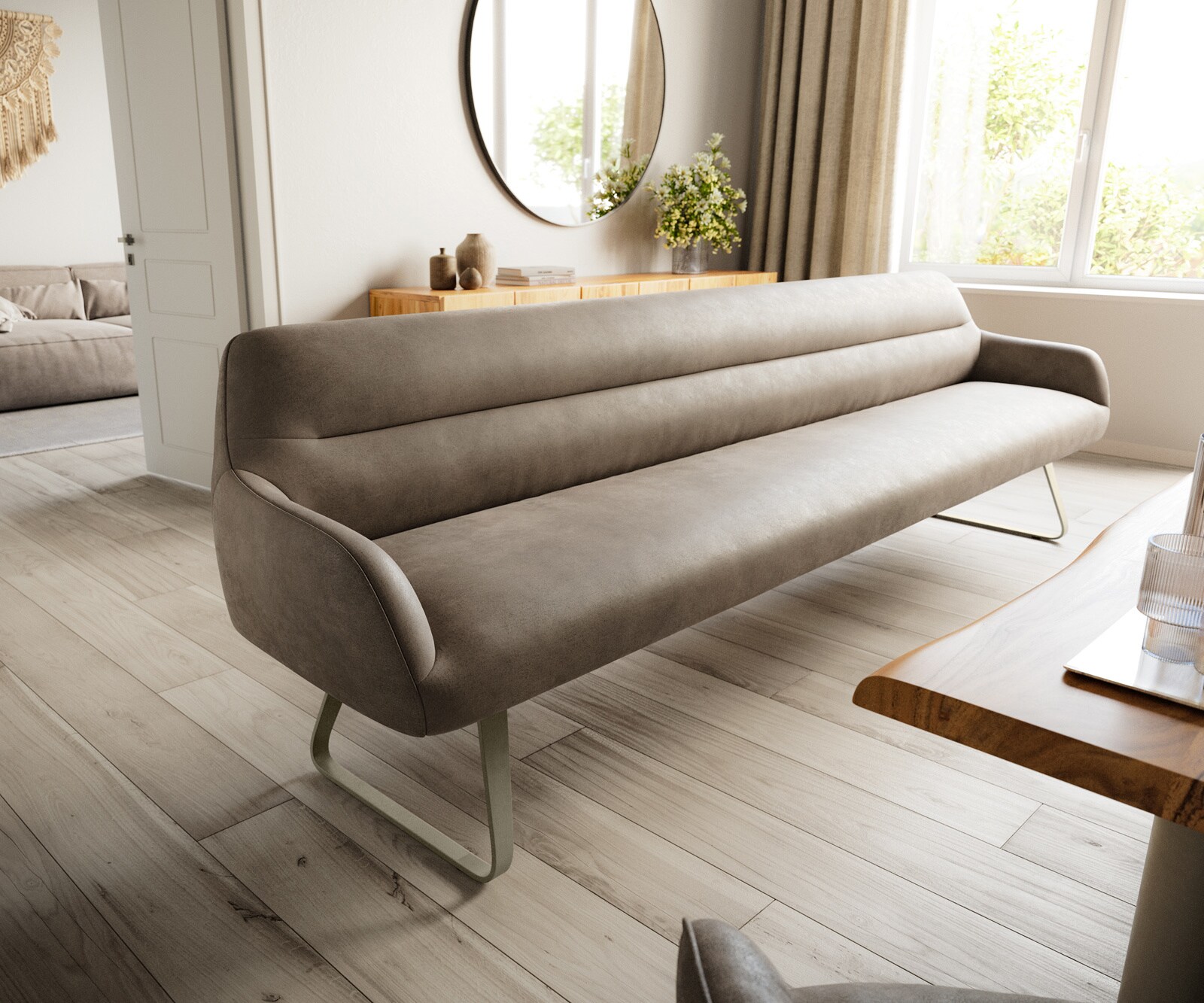 Banc-de-salle-à-manger Taya-Flex 300 cm microfibre taupe vintage châssis à patins plat titane ressort ensaché