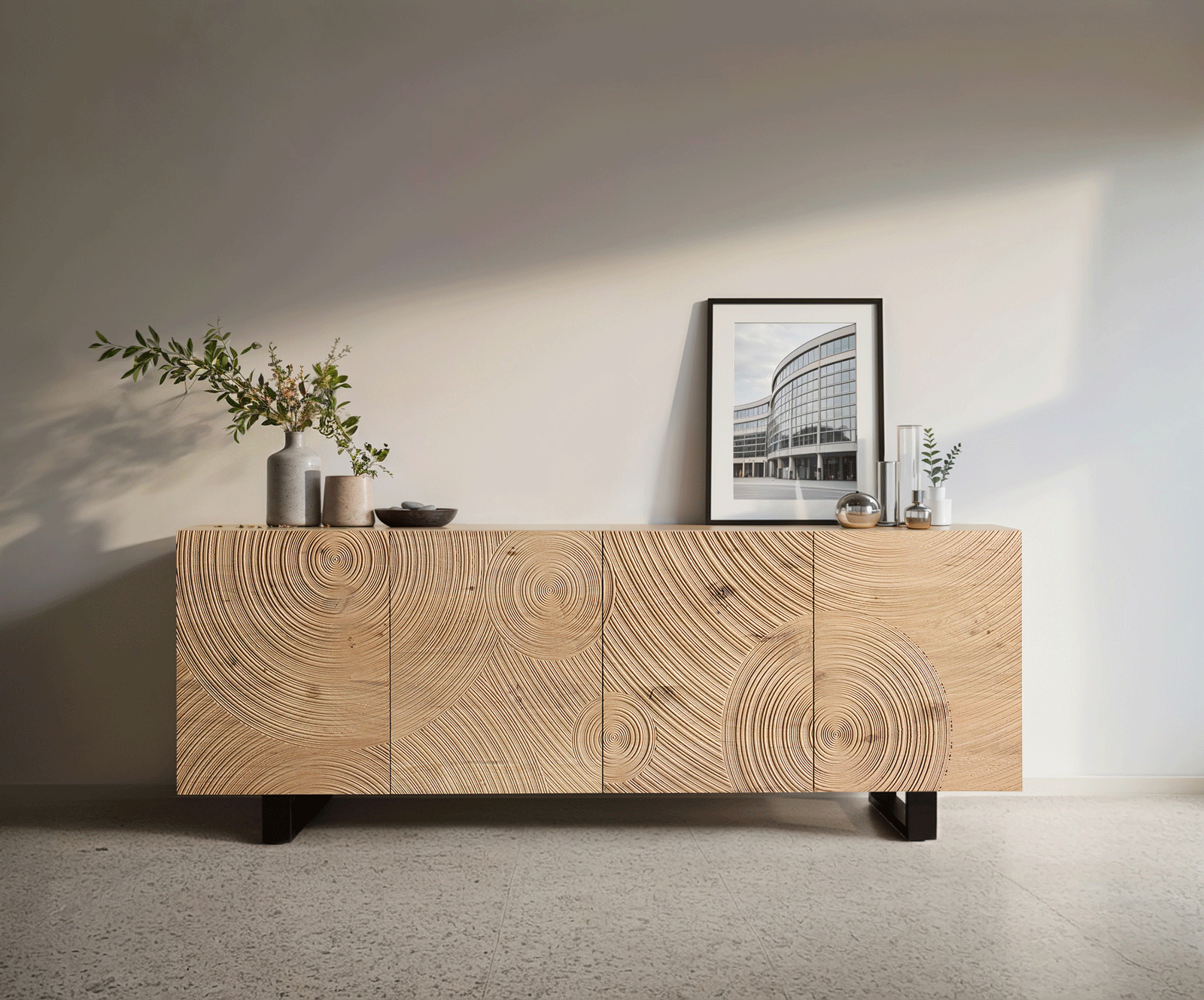 Sideboard Ashara 200 cm Eiche Natur 3D Effekt 4 Türen Kufe Metall Schwarz 1