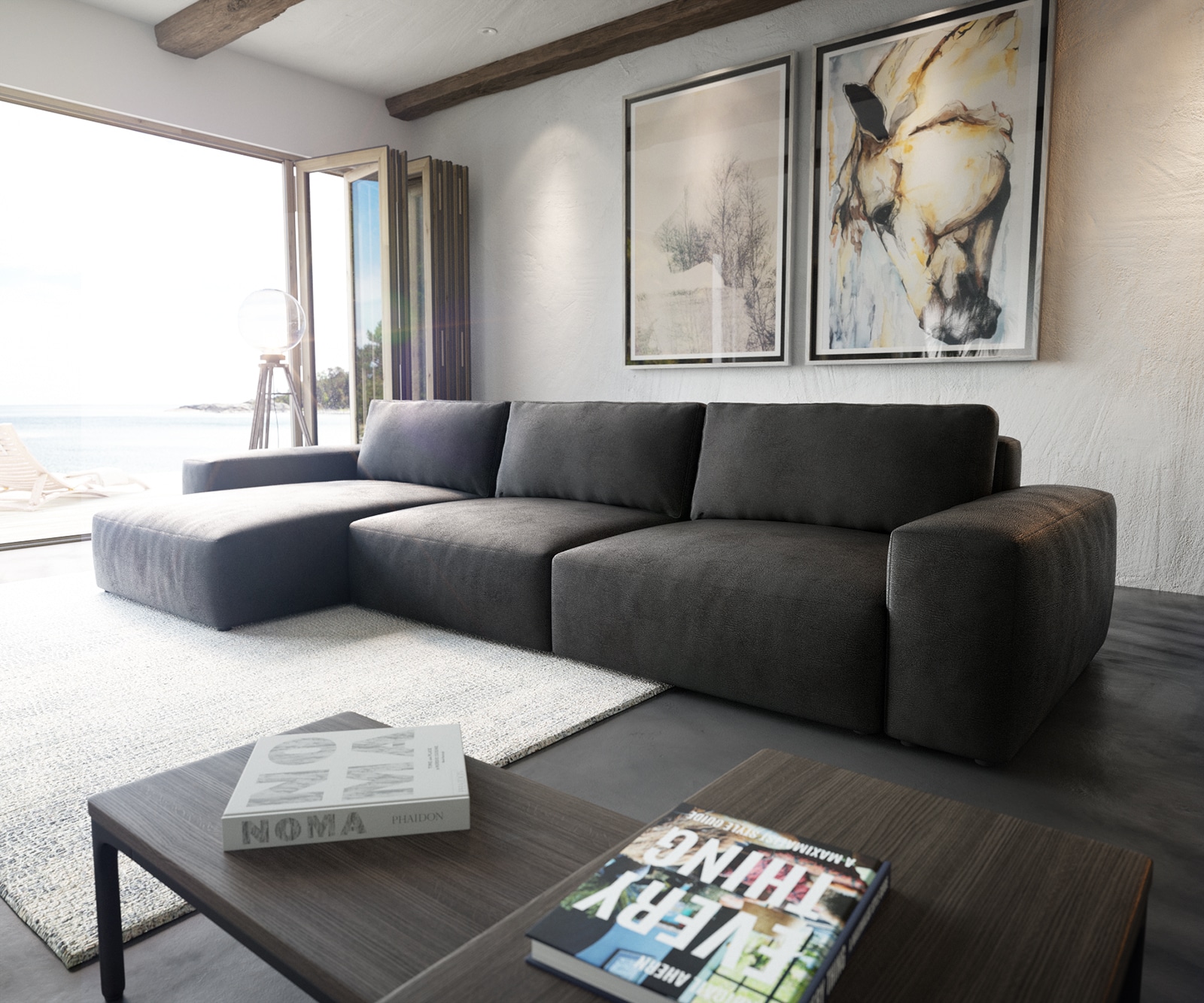 Ecksofa Lanzo XL 380x180 cm Lederimitat Vintage Anthrazit Recamiere variabel