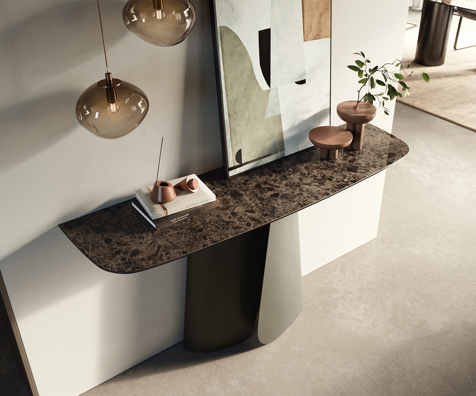 Console Edge forme bateau 140x40 cm Céramique Emperador Extra Lucidato Dunkelbraun Livos Métal Effektfinish Titan 1
