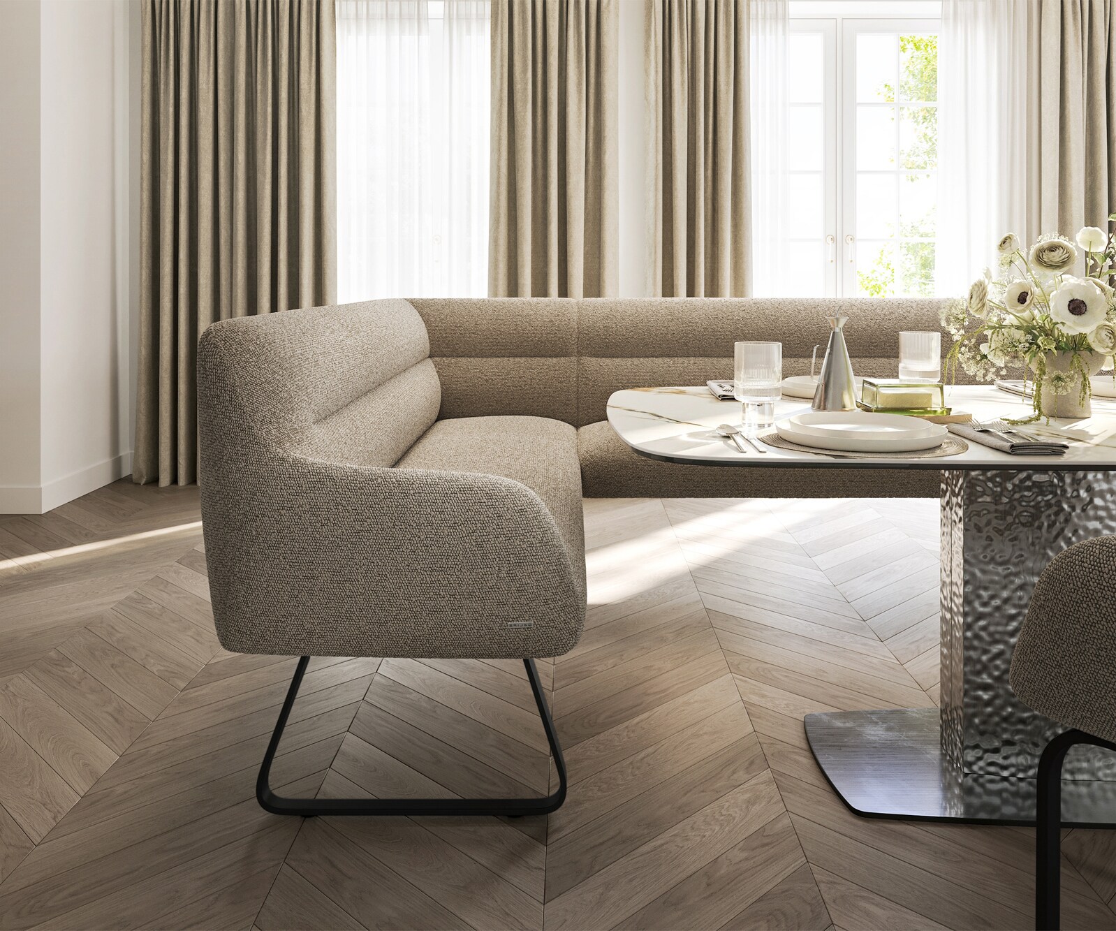 Banc-de-salle-à-manger Taya-Flex 285x190 cm bouclé boue châssis à patins plat noir ressort ensaché à droite 5