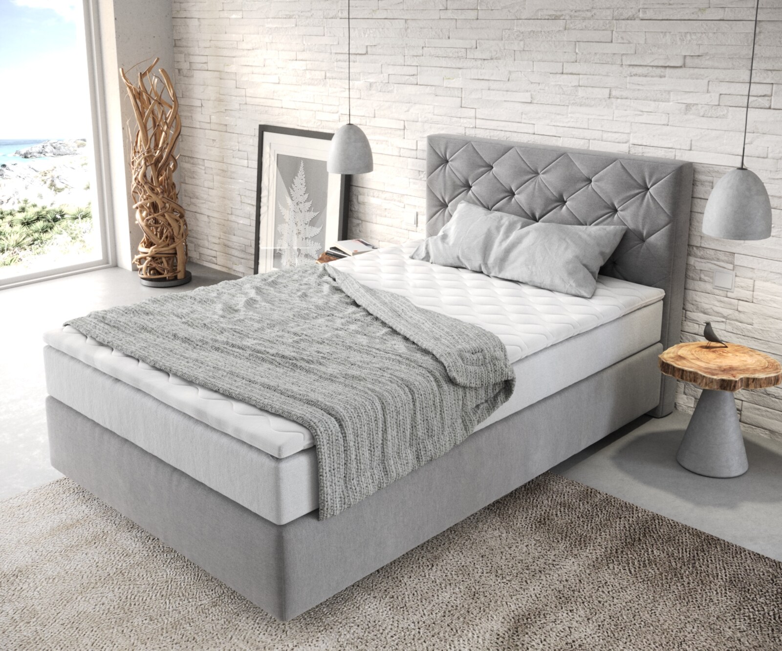 Boxspringbett Dream-Great 120x200 cm Mikrofaser Grau mit TFK Matratze und Visco Topper 3