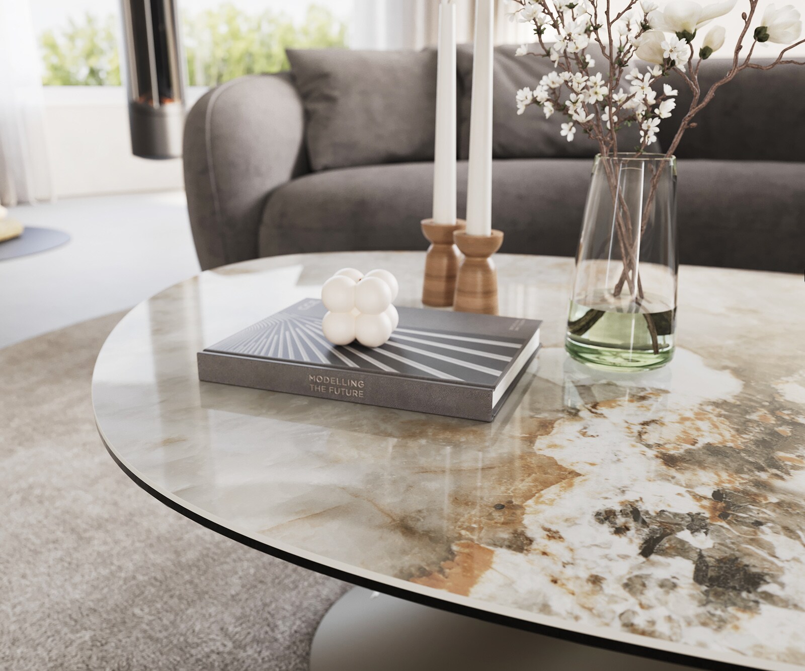 Table basse Edge Oval 140x75 cm céramique Minas Melange Conis Metall finition effet titane 5