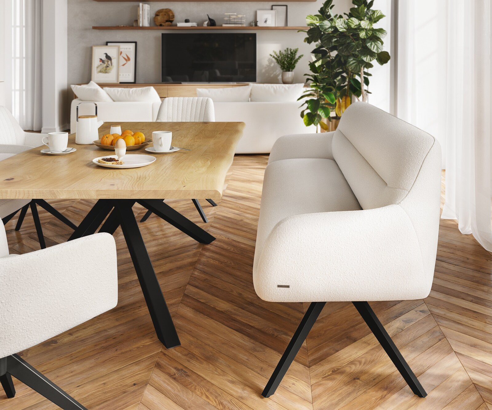 Esszimmerbank Taya-Flex 200 cm Bouclé Creme-Weiß Kreuzgestell kantig Schwarz Taschenfederkern 1