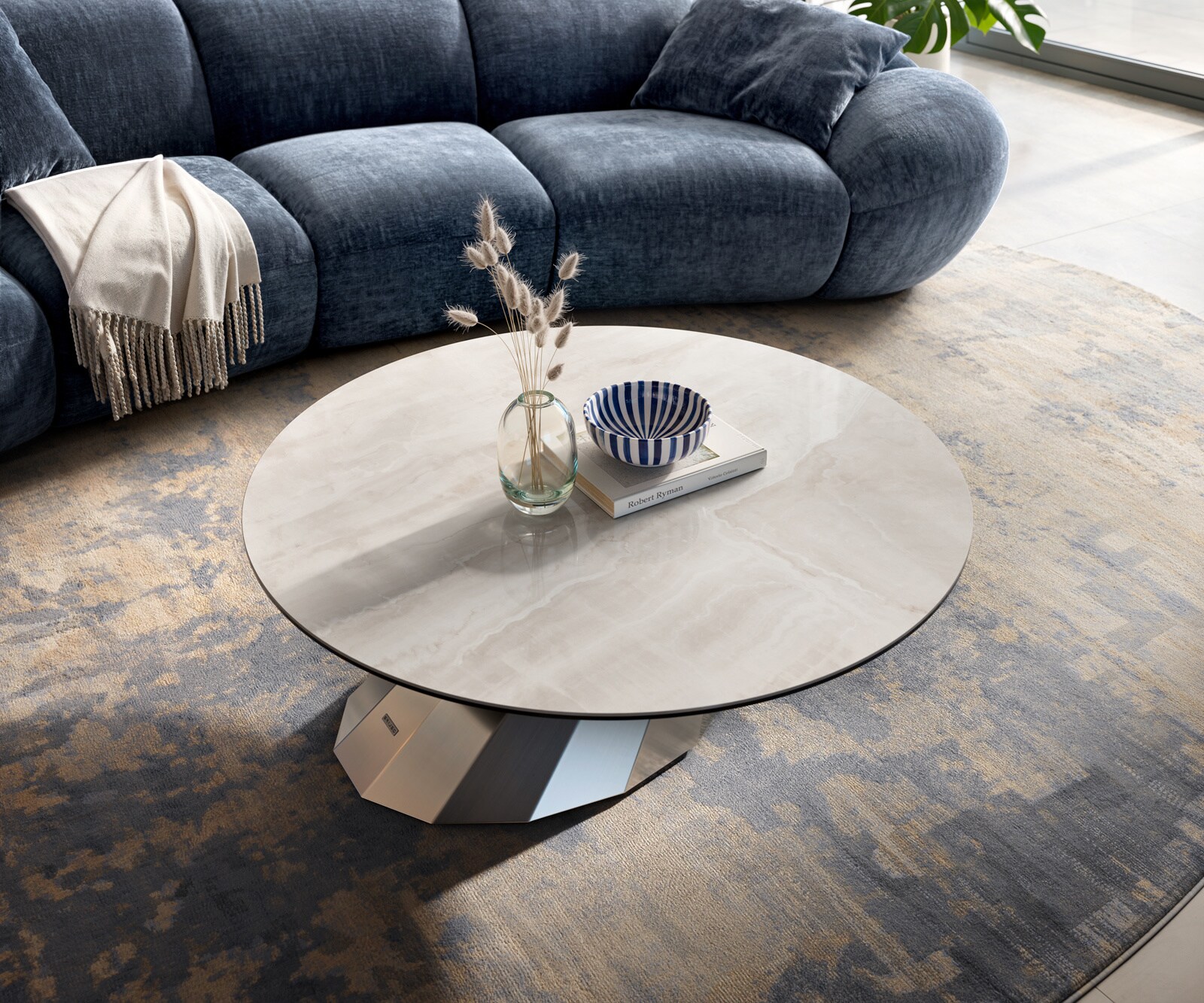 Table basse Edge ronde 100x100 cm céramique Onyx Champagne Parabi acier inoxydable brossé 4