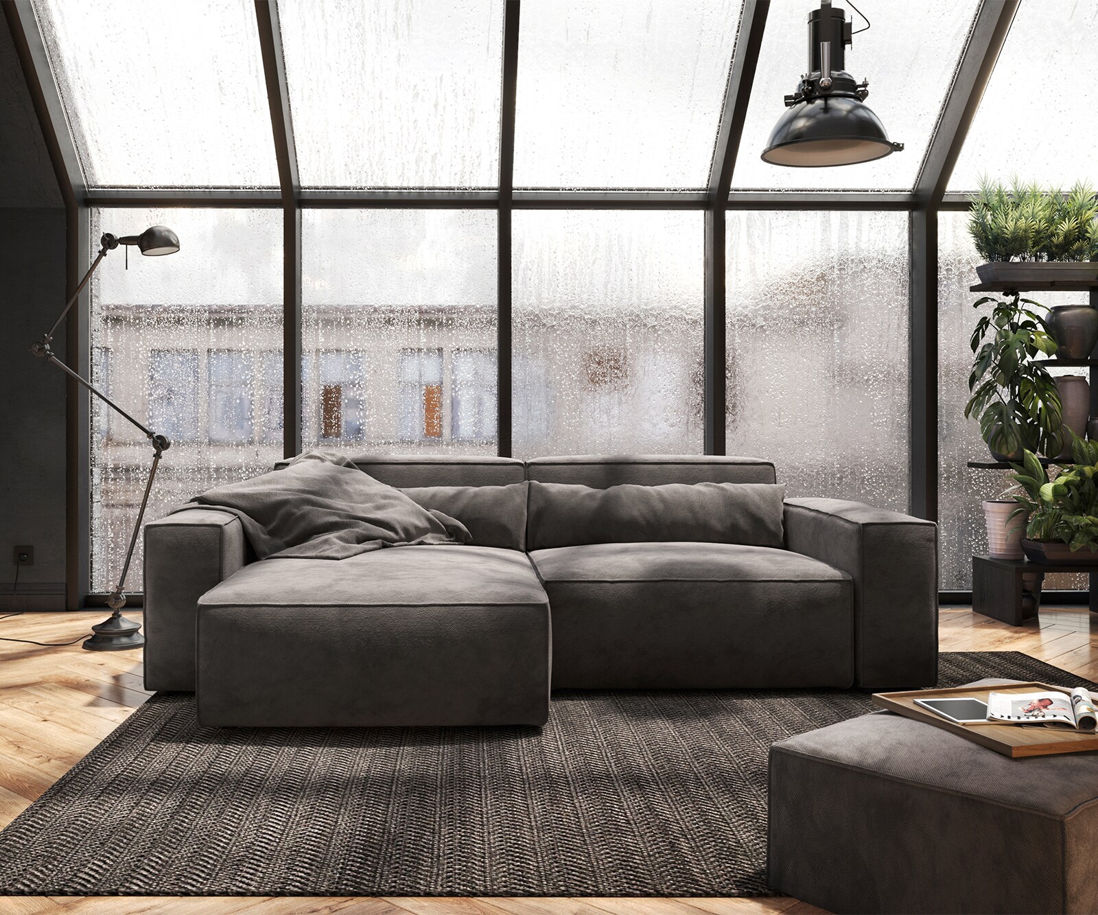 Canapé d'angle Sirpio L 260x160 cm Microfibre Marron Kaki Recamiere variable avec Tabouret 2