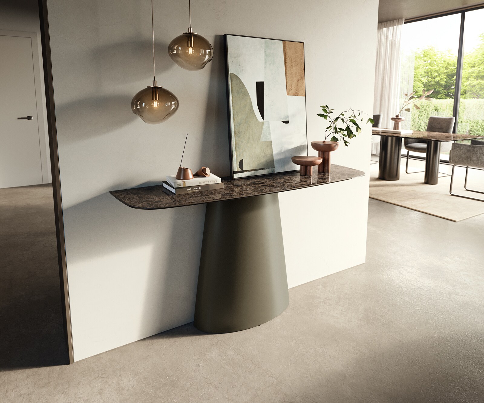 Console Edge forme bateau 140x40 cm Céramique Emperador Extra Lucidato Dunkelbraun Conos Métal Effektfinish Titan 4