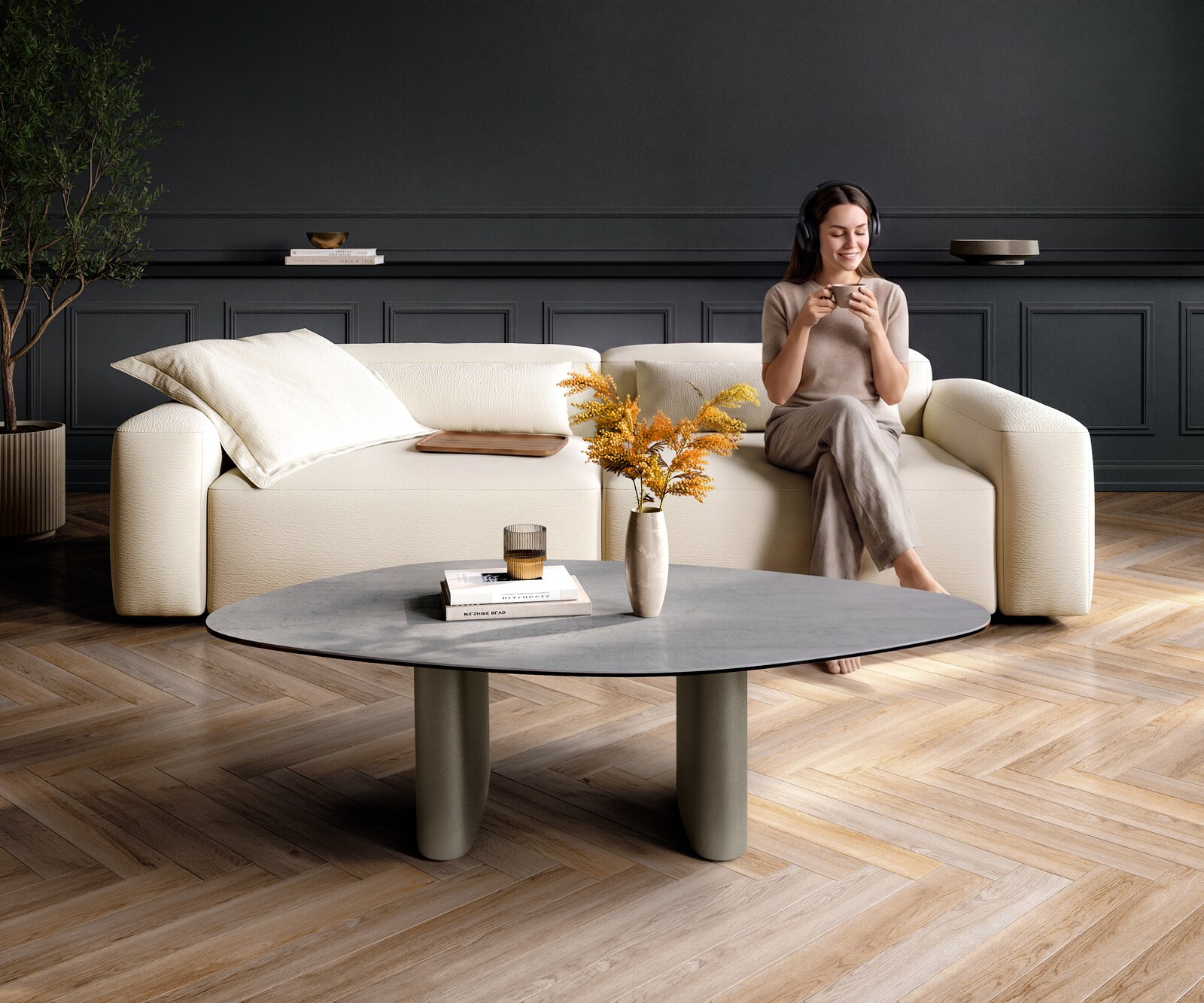 Couchtisch Edge Organisch 140x76 cm Keramik Beton Grau Ovada Effektfinish Titan 1
