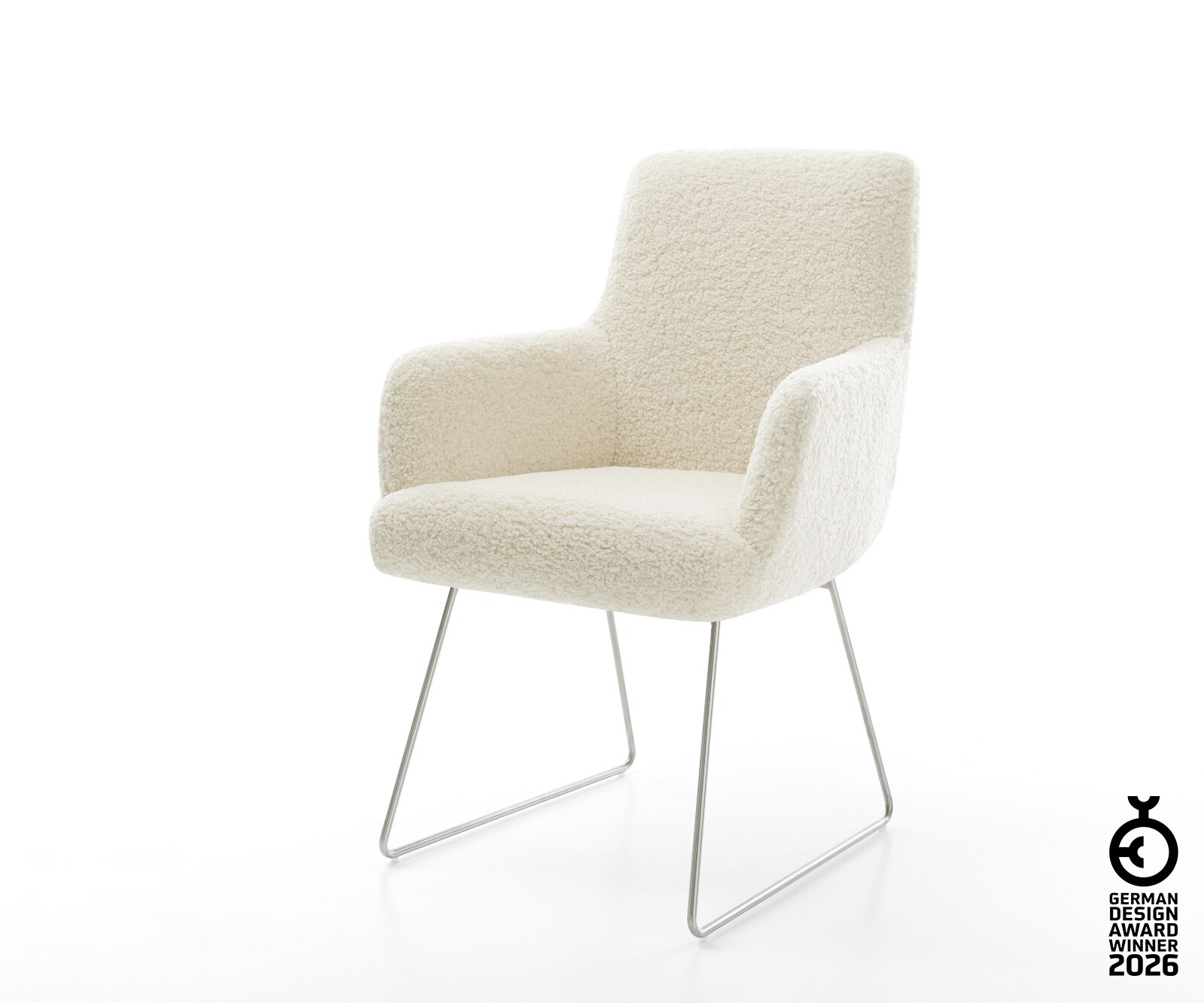 Chaise-de-salle-à-manger Heira-Flex avec accoudoirs tissu teddy beige pied trapèze acier inoxydable resorts ensachés 1