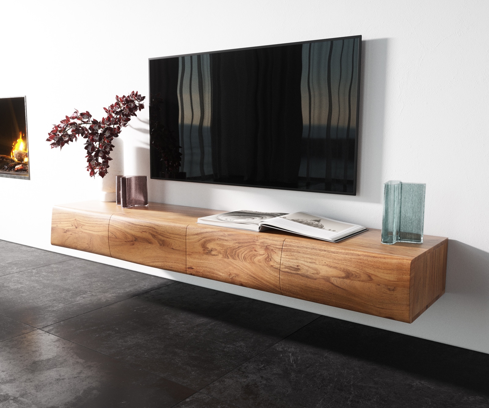 Meuble-TV New Live-Edge 175 cm acacia naturel 4 portes flottantes Meuble-TV New Live-Edge 175 cm acacia naturel 4 portes flottantes