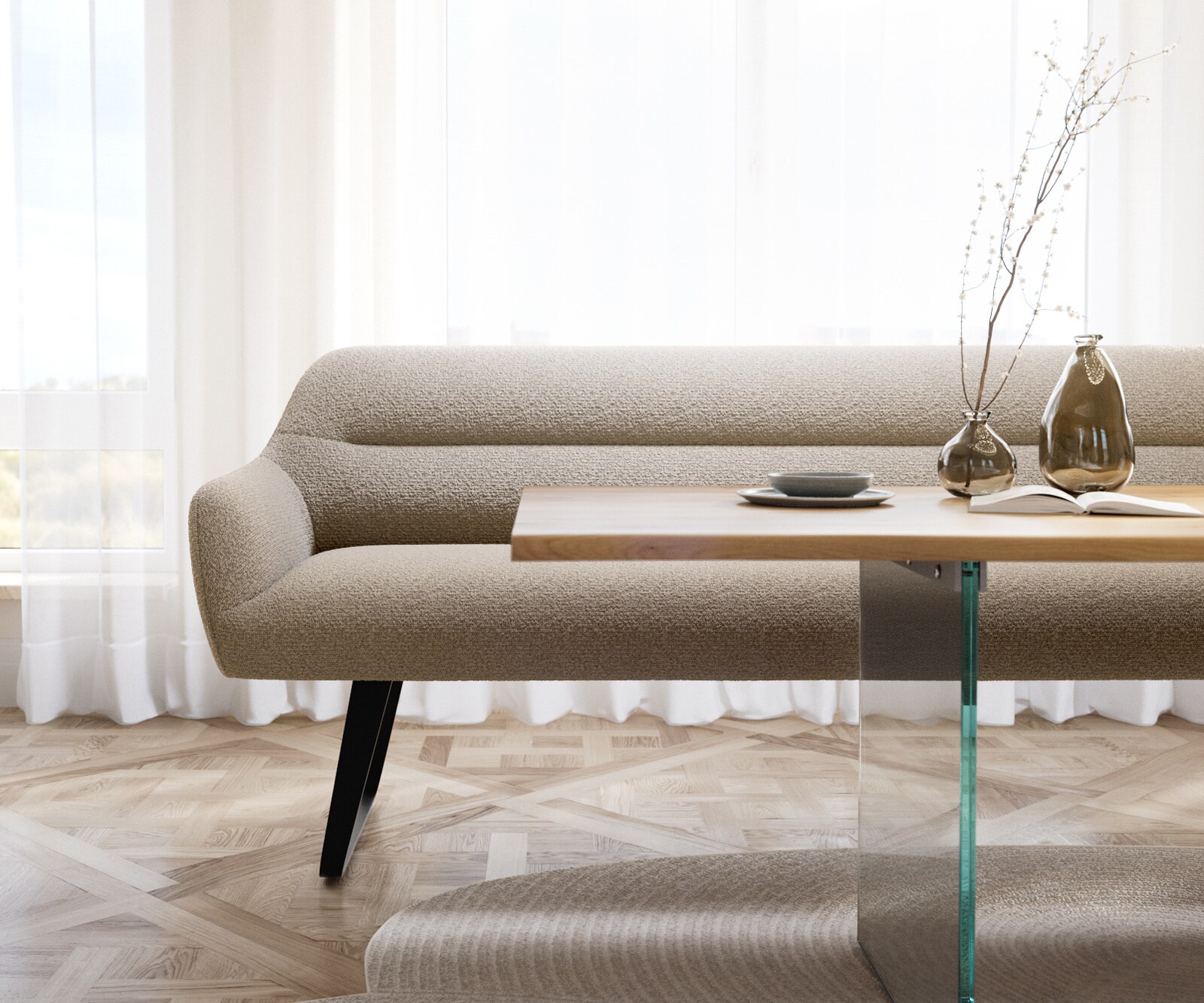 Esszimmerbank Taya-Flex 200 cm Bouclé Schlamm Kufengestell flach Schwarz Taschenfederkern 1