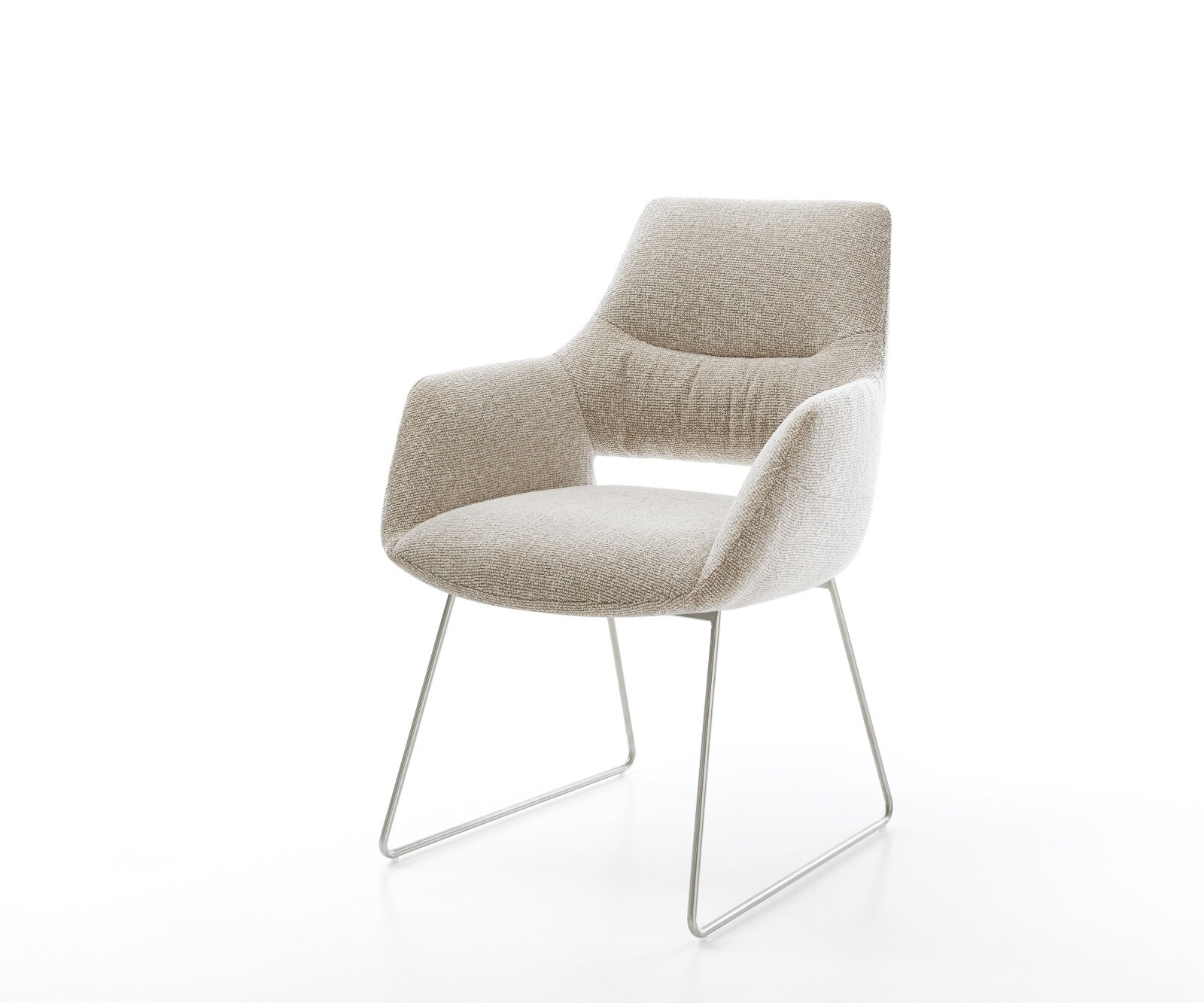 Esszimmerstuhl Yago-Flex mit Armlehnen Webstoff Soft Beige Kufengestell Edelstahl Taschenfederkern 1