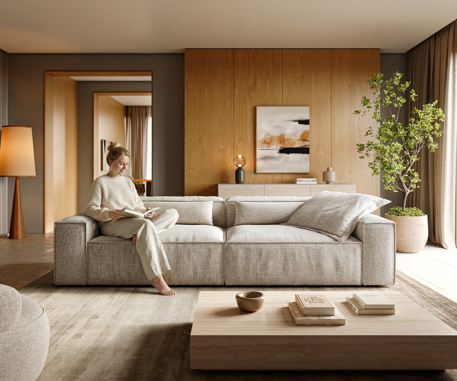 Big-Sofa Freestyle 280x110 cm Webstoff Soft Beige Kedernaht 1