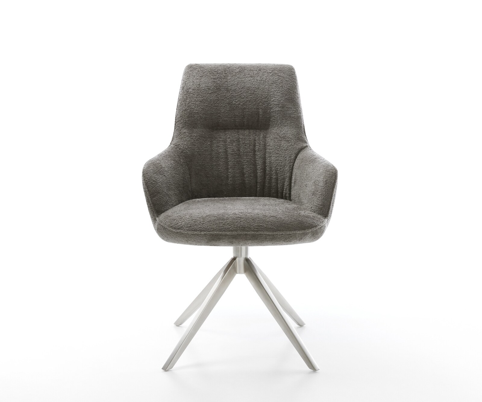 Chaise-pivotante Zelia-Flex avec accoudoirs bouclé doux couleur boue pied croisé large acier inoxydable pivotement sur 360° fonction bascule resorts ensachés 1