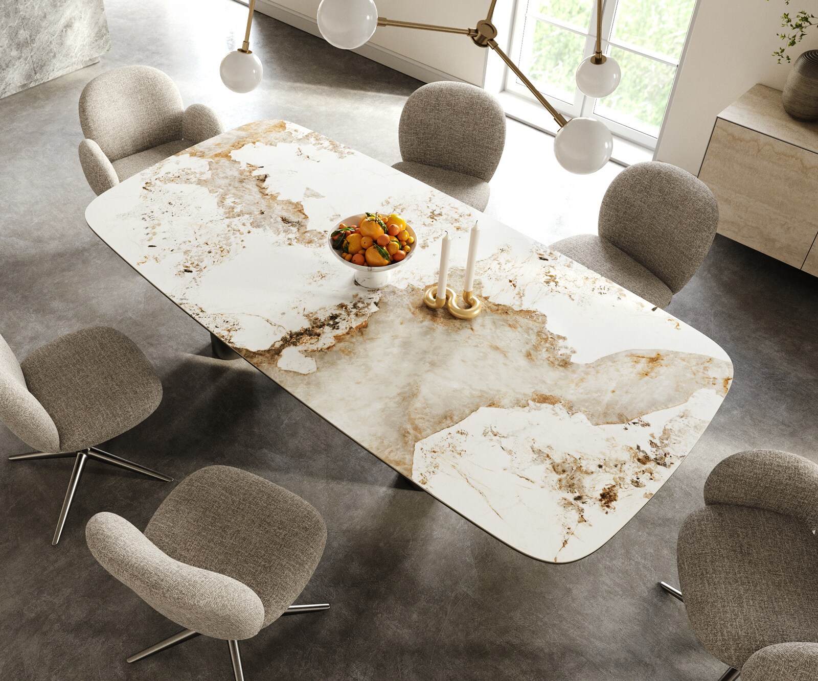 Table à manger Edge Boot 240x120 cm Céramique Minas Melange Blanc-Beige Pilier Acier inoxydable Graphite 3