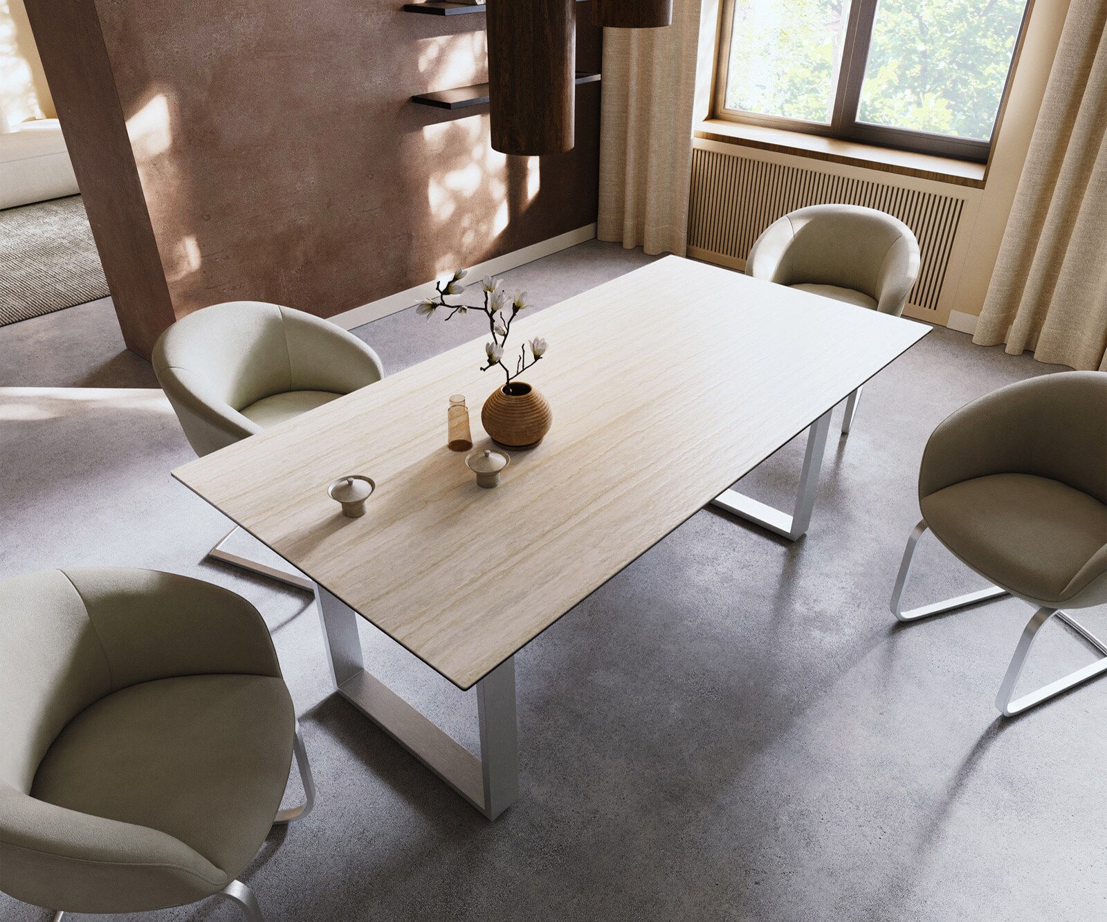 Esstisch Edge 200x100 Keramik Laminam® Travertino Bianco Creme-Weiß Edelstahl Schmal 4