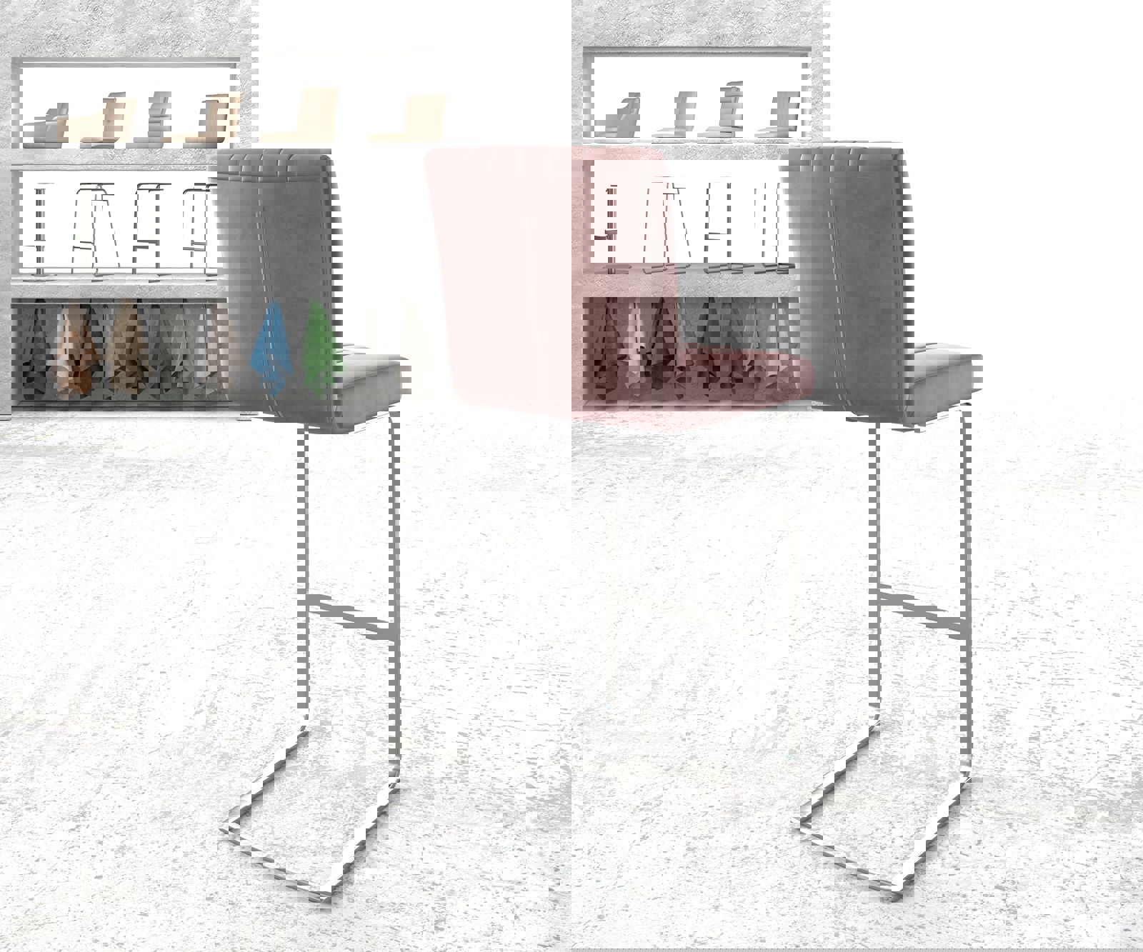 Barstuhl Luiga-Flex Samt Rosé Freischwinger flach Edelstahl 2