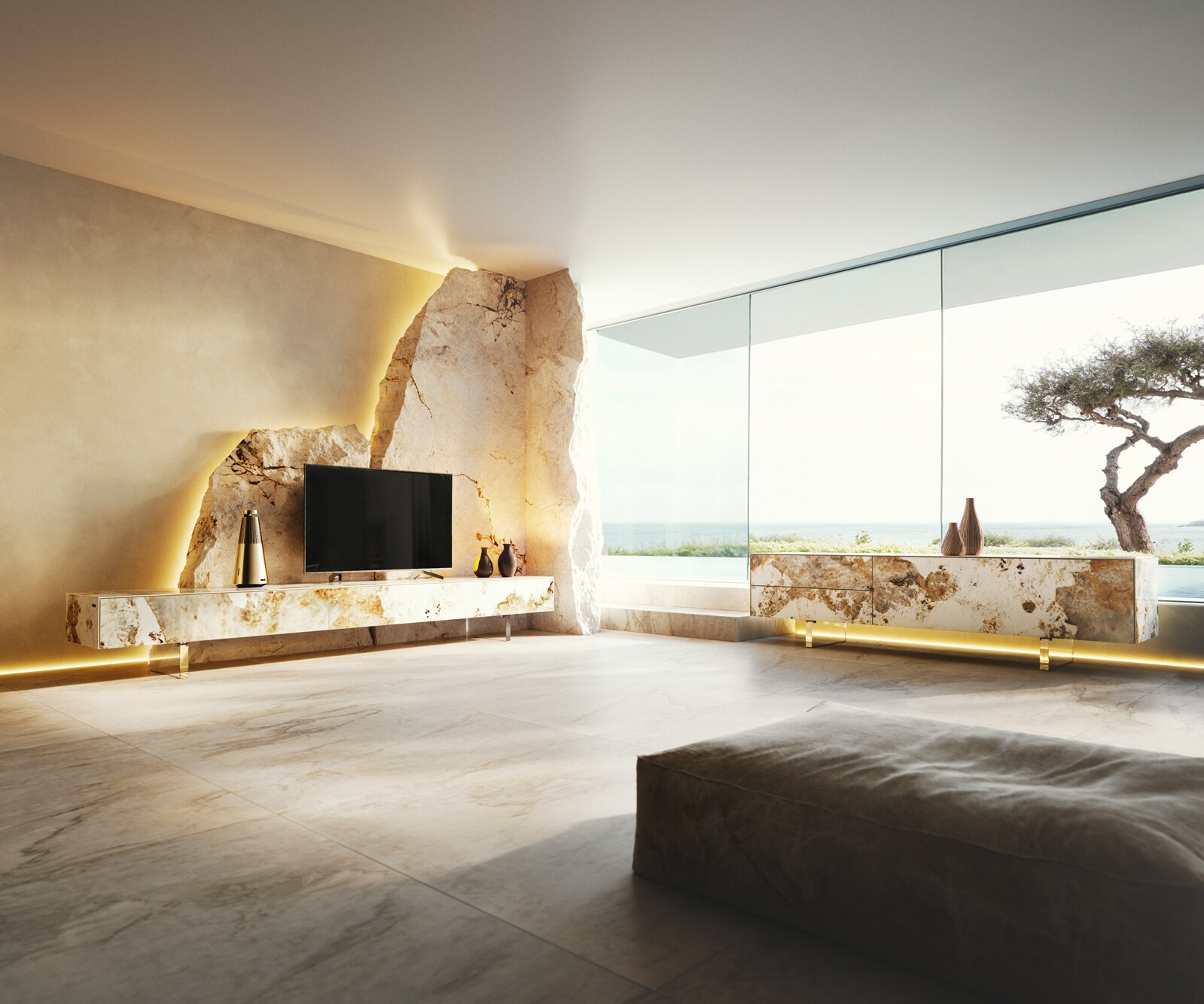 Meuble-TV Cuor 250 cm Céramique Minas Melange Blanc-beige 1 Clapet 1 Tiroir Pied optique flottant Ancier inoxydable 8