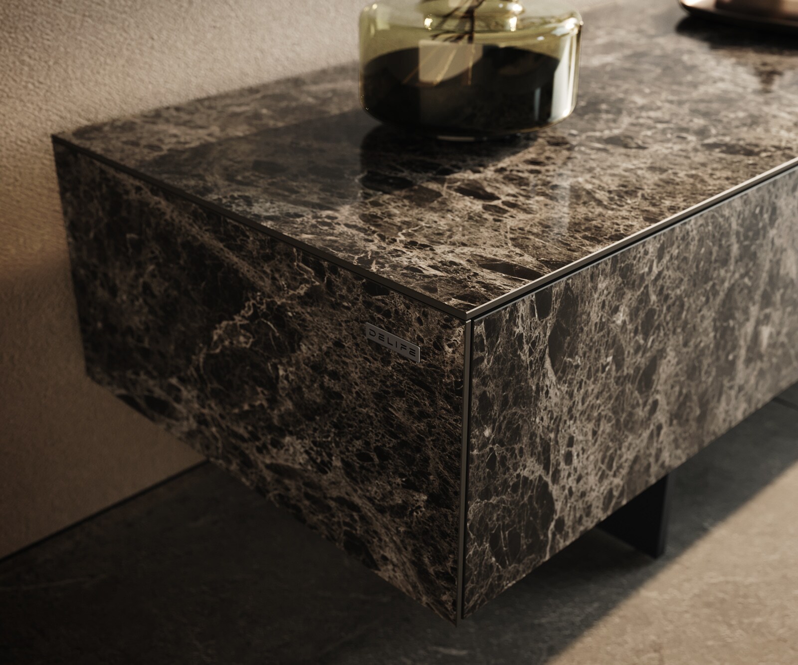 Meuble-TV Cuor 250 cm Céramique Laminam® Emperador Extra Lucidato brun foncé 1 Clapet 1 Tiroir Pied optique flottant Métal Noir 6
