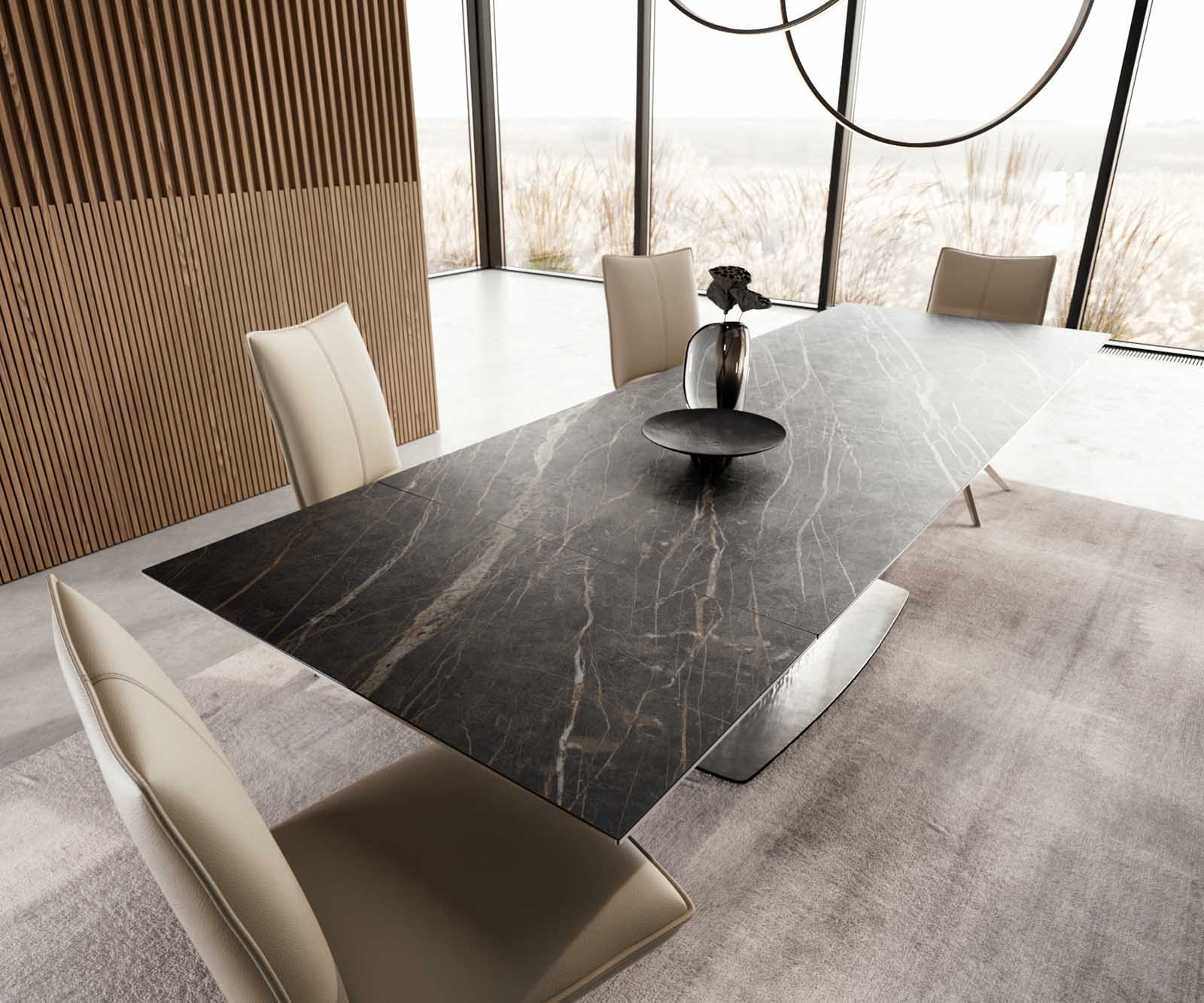 Esstisch Edge 200-300x100 Keramik Laminam®Noir Desir Braun Wave Edelstahl ausziehbar 3