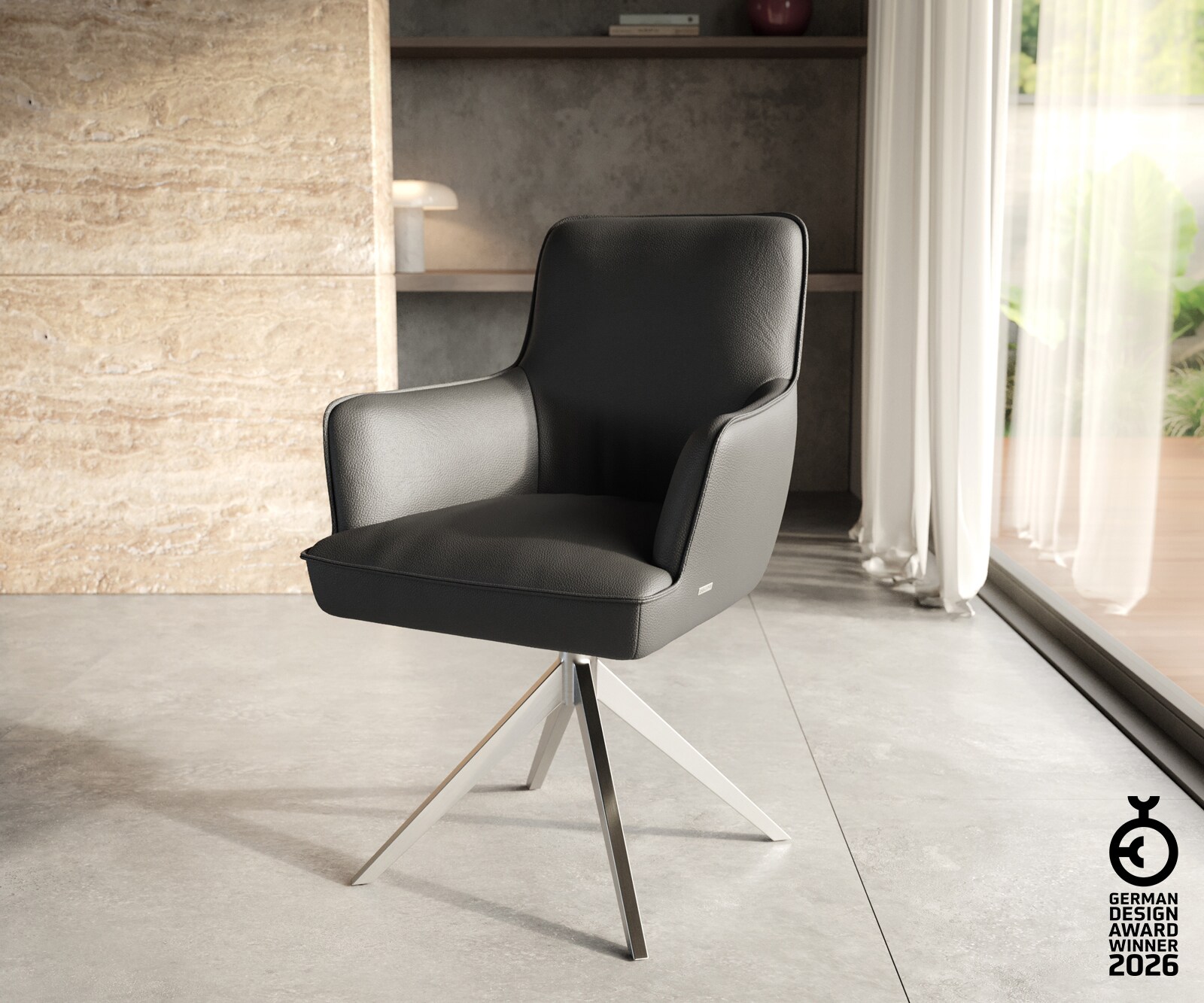 Chaise-pivotante Heira-Flex avec accoudoirs cuir de vache noir pied croisé large acier inoxydable brossé pivotement sur 360° ressorts ensachés