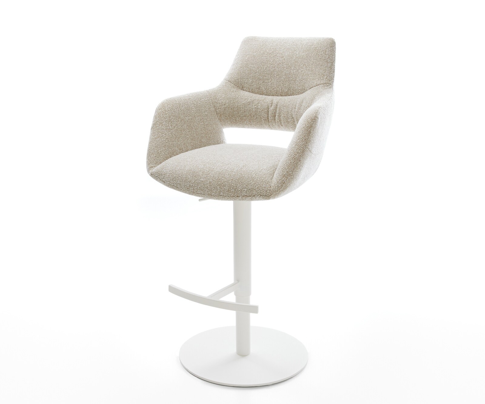 Chaise-de-bar Yago-Flex Tissu tissé doux Beige Pied pivotant réglable en hauteur blanc Blanc Ressort ensaché