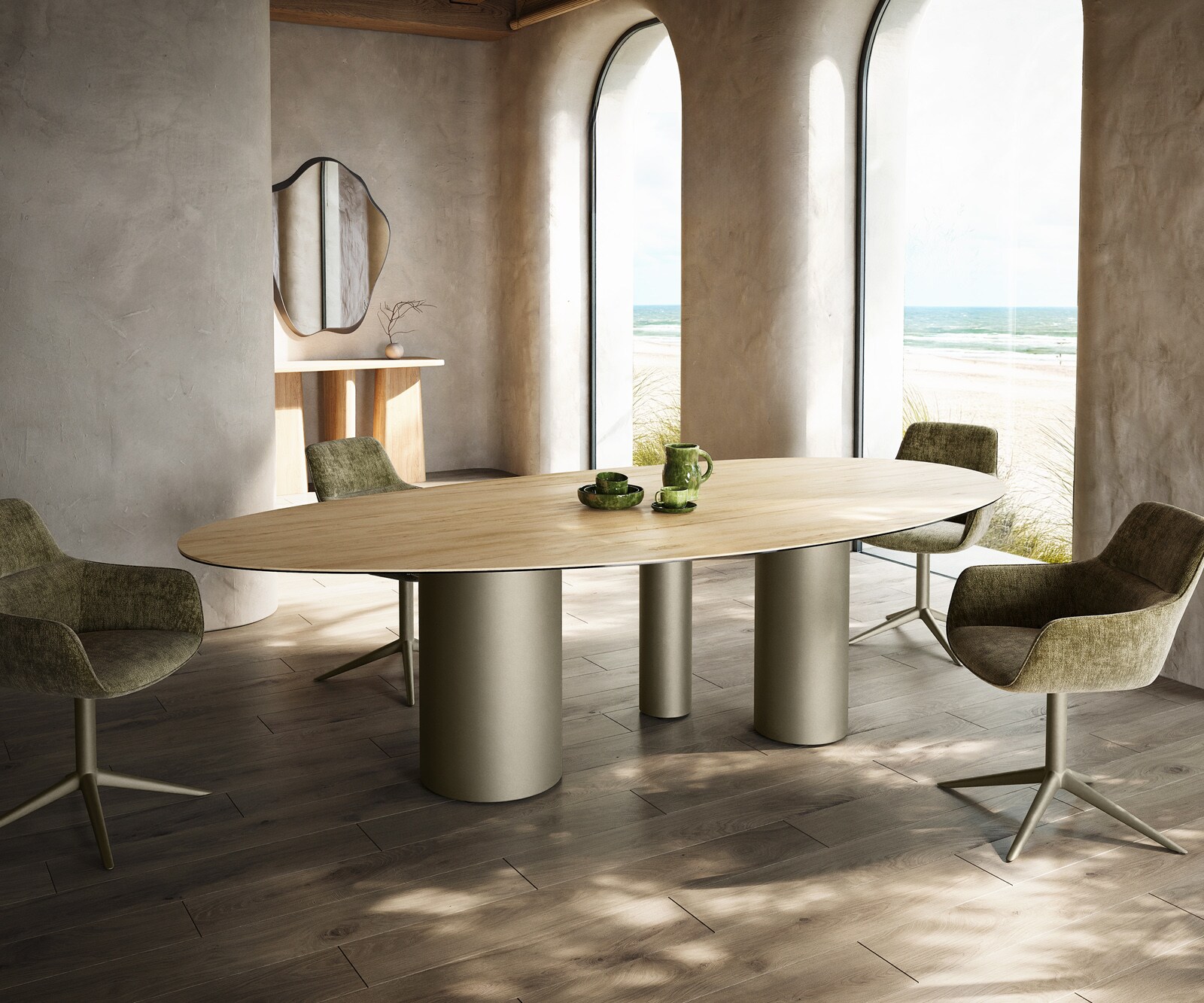 Table à manger Edge Ovale 280x130 Céramique Laminam® Sabbia Couleur chêne Troa Métal finition à effet Titane 1