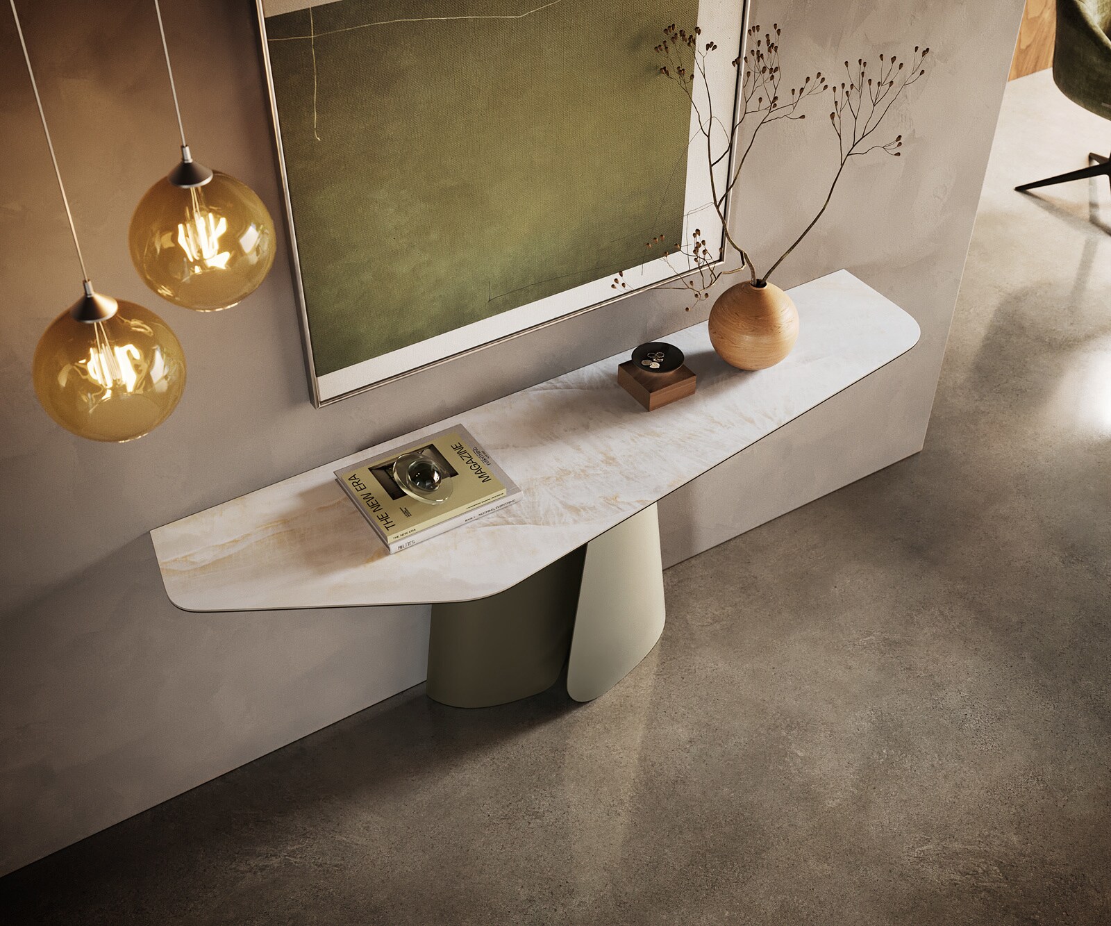 Konsolentisch Edge Polygonal 180x50 cm Keramik Onyx Pearl Livos Metall Effektfinish Titan 1