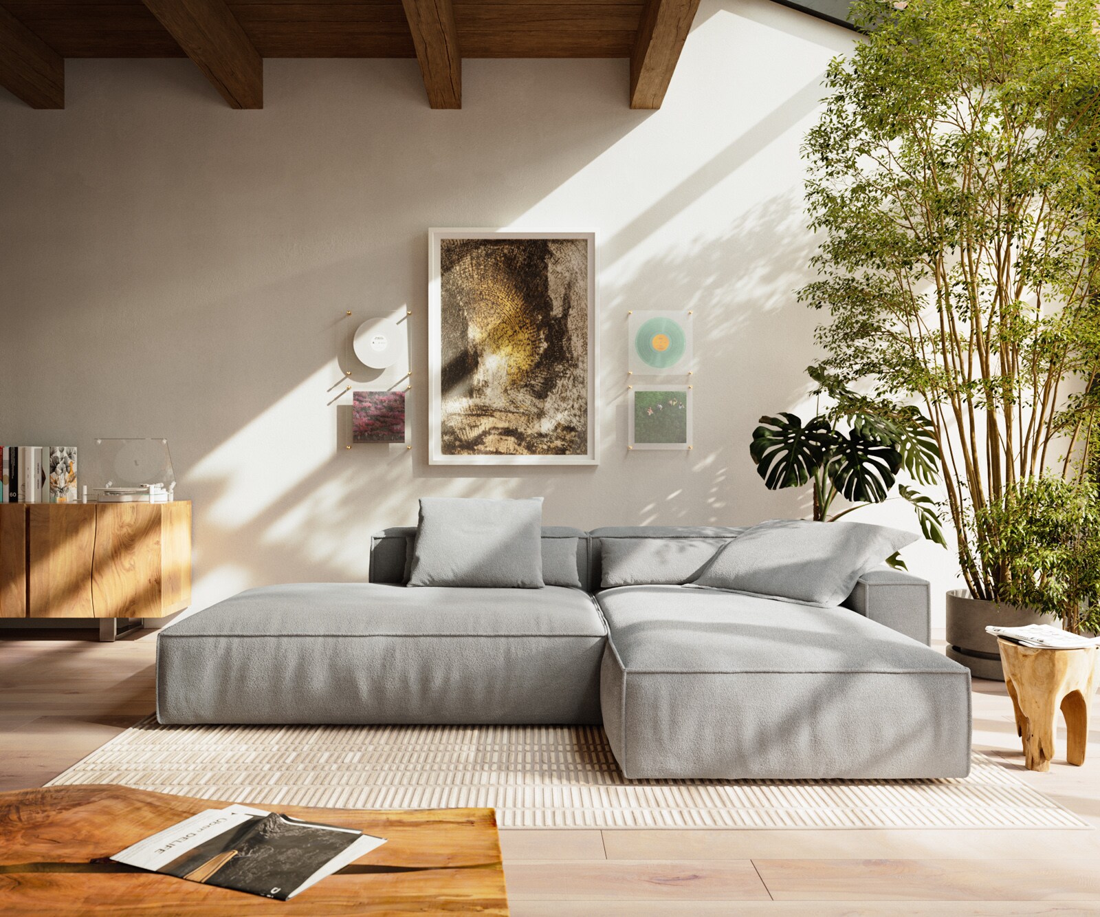 Canapé d'angle Freestyle Cozy 310x200 cm Tissu texturé gris doux 1