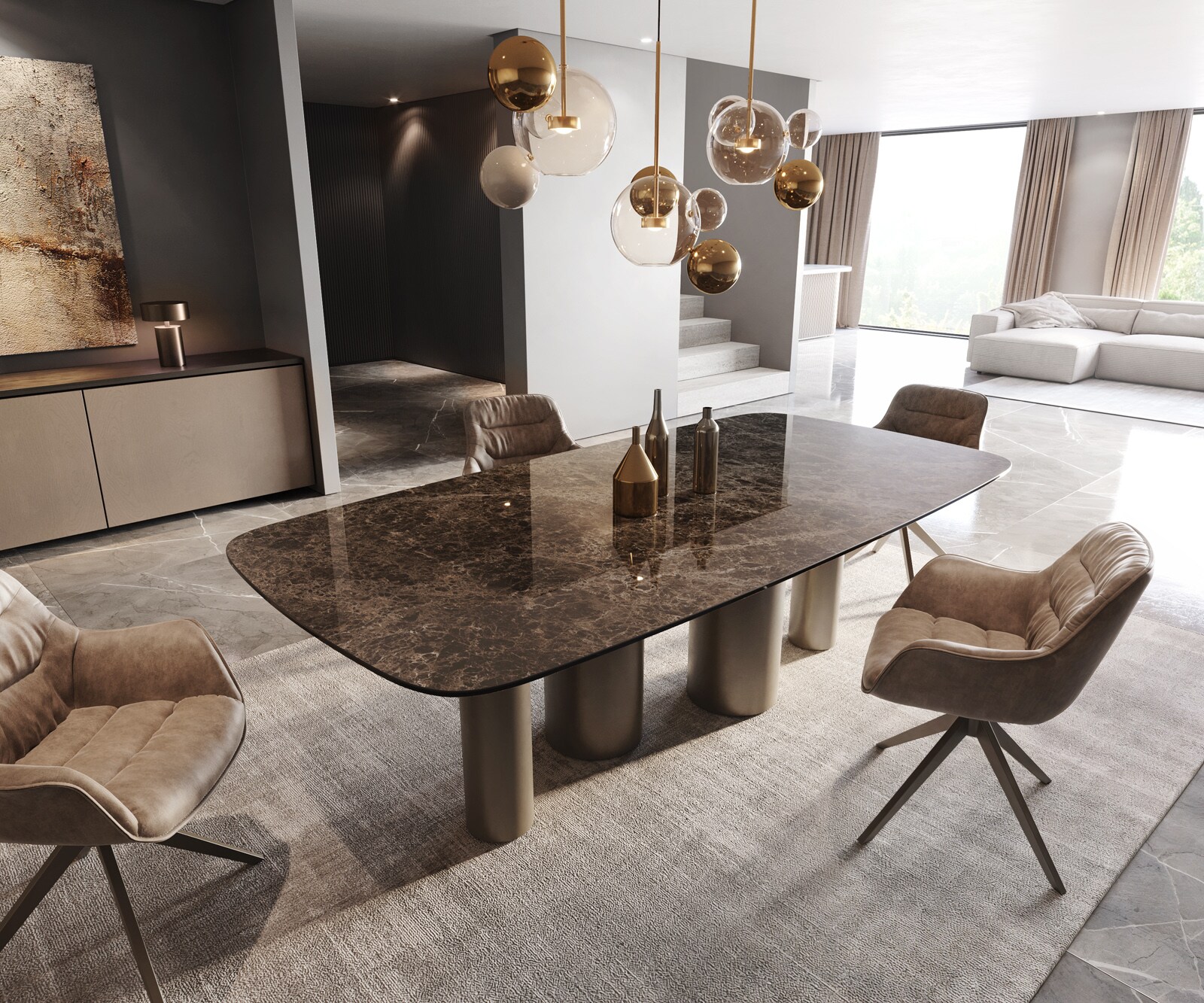 Table de salle à manger Edge Boot Céramique Emperador Extra Lucidato Brun foncé 240x120 Pilier Métal finition effet Titane 1