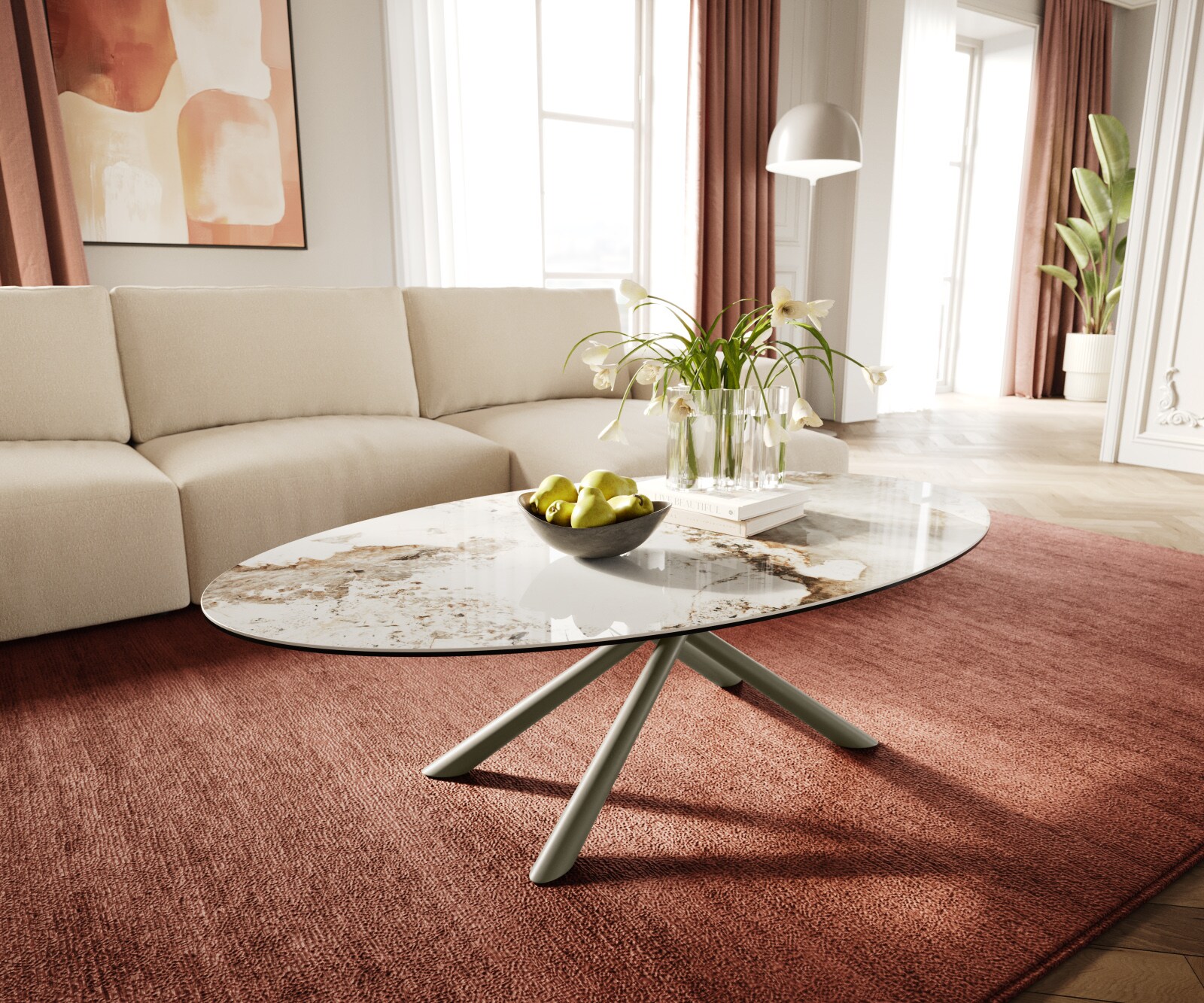 Table basse Edge Oval 140x80 cm céramique Minas Melange Sarity Metall finition effet titane 1